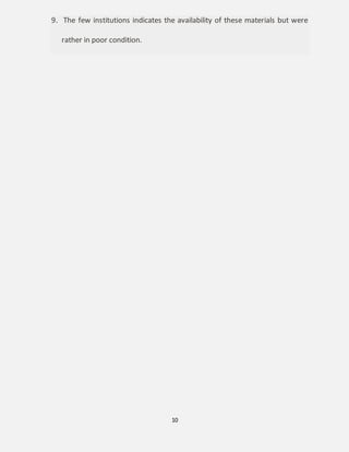 10
9. The few institutions indicates the availability of these materials but were
rather in poor condition.
 