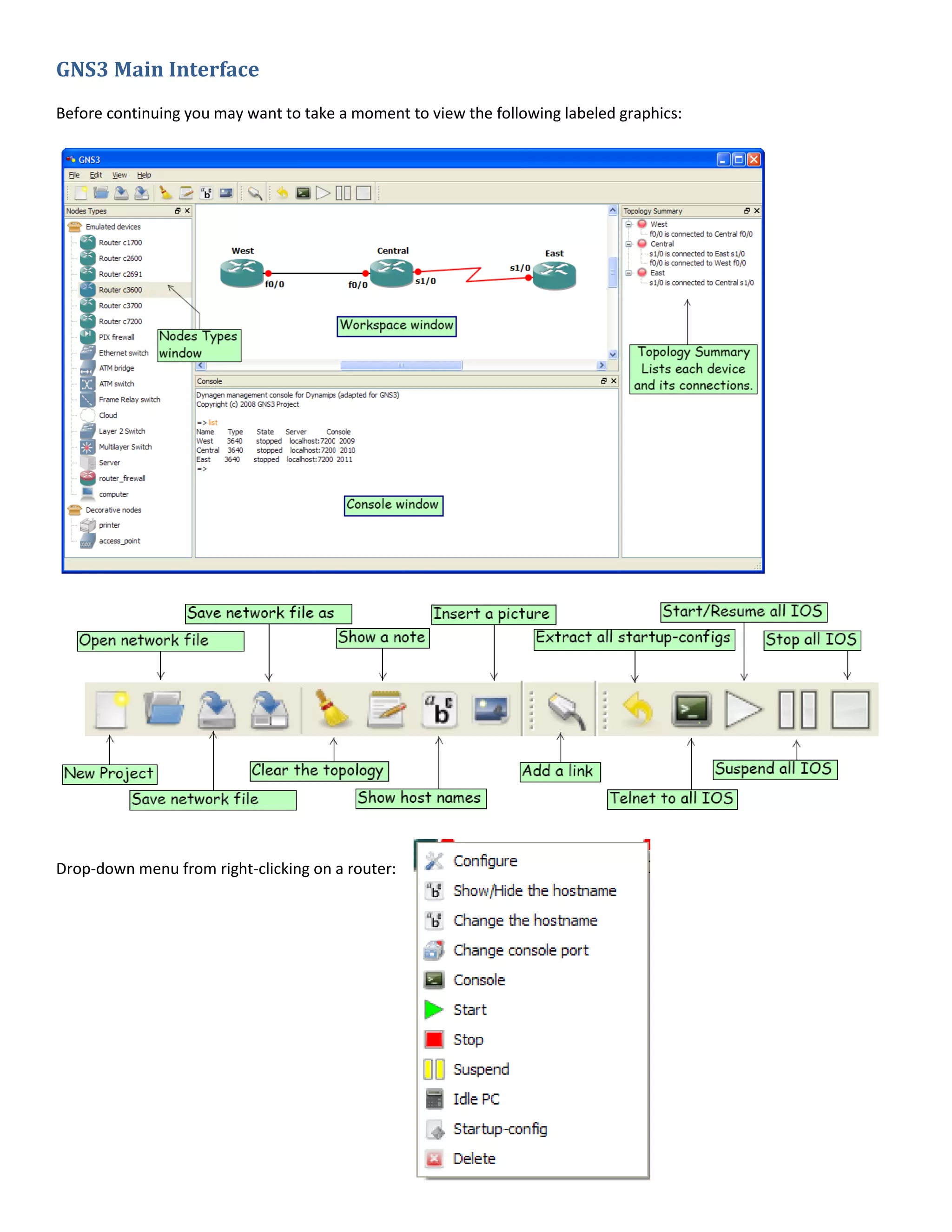 GNS3 Main Interface
Before continuing you may want to take a moment to view the following labeled graphics:




Drop-down menu from right-clicking on a router:
 