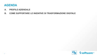 2 |
AGENDA
A. PROFILO AZIENDALE
B. COME SUPPORTARE LE INIZIATIVE DI TRASFORMAZIONE DIGITALE
 