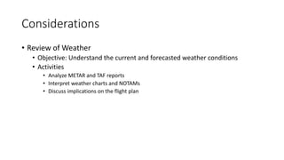 Considerations
• Review of Weather
• Objective: Understand the current and forecasted weather conditions
• Activities
• Analyze METAR and TAF reports
• Interpret weather charts and NOTAMs
• Discuss implications on the flight plan
 