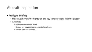 Aircraft Inspection
• Preflight Briefing
• Objective: Review the flight plan and key considerations with the student
• Activities
• Go over the intended route
• Discuss key waypoints and potential challenges
• Review weather updates
 
