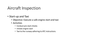 Aircraft Inspection
• Start-up and Taxi
• Objective: Execute a safe engine start and taxi
• Activities
• Conduct pre-start checks
• Initiate engine start
• Taxi to the runway adhering to ATC instructions
 