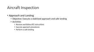 Aircraft Inspection
• Approach and Landing
• Objective: Execute a stabilized approach and safe landing
• Activities
• Receive and follow ATC instructions
• Execute approach procedures
• Perform a safe landing
 