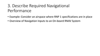 3. Describe Required Navigational
Performance
• Example: Consider an airspace where RNP 1 specifications are in place
• Overview of Navigation Inputs to an On-board RNAV System
 