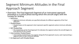 Segment Minimum Altitudes in the Final
Approach Segment
• Overview: The Final Approach Segment of an instrument approach
procedure is a critical phase during which the aircraft aligns with the
runway for landing
• Definition
• Segment minimum altitudes are specified altitudes for different segments of the final
approach
• Shaded Boxes
• Shaded boxes on the approach chart represent specific segments where minimum altitudes
apply
• FAF Shaded Box
• The shaded box at the Final Approach Fix indicates the segment where the aircraft begins its
final descent to the runway
• Intermediate Shaded Boxes
• Intermediate shaded boxes may appear along the final approach course, each representing a
segment with its own minimum altitude
• ILS Approach with Shaded Boxes
 