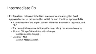 Intermediate Fix
• Explanation: Intermediate fixes are waypoints along the final
approach course between the initial fix and the final approach fix
• A combination of the airport code or identifier, a numerical sequence, and
"IF."
• The numerical sequence indicates the order along the approach course
• Airport: Chicago O'Hare International Airport
• ORD01IF, ORD02IF, ORD03IF, .
• Identifier: ABC
• ABC01IF, ABC02IF, ABC03IF, .
 