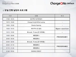 @ GNTech
REPORT DATE 6/19
Change On @ 파트너 간담회
11
 당일 진행 일정과 프로그램
시 간 내 용 비 고
17:00 ~ 18:15 접수확인 및 현장접수
18:15 ~ 18:25 Change On @ GNTech opning -
18:25 ~ 18:30 Director Opening -
18:30 ~ 19:15 페차쿠차 4인 발표 O p e n s e c t i o n
19:15 ~ 19:30 B r e a k T i m e ( 간 식 제 공 ) -
19:30 ~ 20:00 메인강좌 1
P R O G R A M 1
20:00 ~ 20:30 메인강좌 2
20:30 ~ 20:40 B r e a k T i m e ( 간 식 제 공 )
20:40 ~ 21:10 메인강좌 3
P R O G R A M 2
21:10 ~ 21:40 메인강좌 4
21:40 ~ 22:00 ENDING CREDIT
 