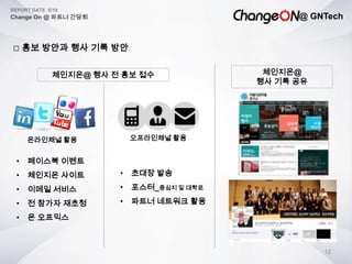 @ GNTech
REPORT DATE 6/19
Change On @ 파트너 간담회
12
 홍보 방안과 행사 기록 방안
온라인채널 활용
• 페이스북 이벤트
• 체인지온 사이트
• 이메일 서비스
• 전 참가자 재초청
• 온 오프믹스
오프라인채널 활용
• 초대장 발송
• 포스터_중심지 및 대학로
• 파트너 네트워크 활용
체인지온@ 행사 전 홍보 접수 체인지온@
행사 기록 공유
 