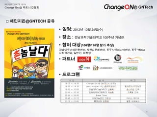 @ GNTech
REPORT DATE 6/19
Change On @ 파트너 간담회
4
• 일정: 2012년 10월 24일(수)
• 장소 : 경남과학기술대학교 100주년 기념관
• 참여 대상(100명/120명 참가 추정)
경남이주여성인권센터, 사천다문화센터, 진주시민미디어센터, 진주 YMCA
사회적기업, 일반인, 대학생
• 파트너
• 프로그램
 체인지온@GNTECH 공유
 