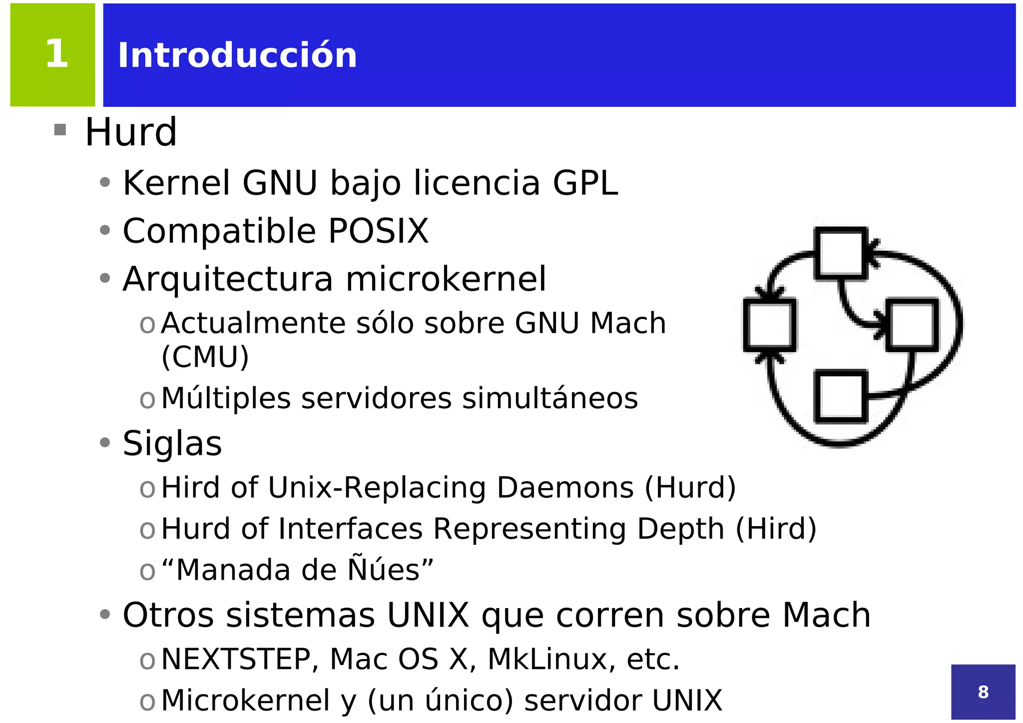 1    Introducción

 Hurd
    • Kernel GNU bajo licencia GPL
    • Compatible POSIX
    • Arquitectura microkernel
      o Actualmente sólo sobre GNU Mach
        (CMU)
      o Múltiples servidores simultáneos
    • Siglas
      o Hird of Unix-Replacing Daemons (Hurd)
      o Hurd of Interfaces Representing Depth (Hird)
      o “Manada de Ñúes”
    • Otros sistemas UNIX que corren sobre Mach
      o NEXTSTEP, Mac OS X, MkLinux, etc.
                                                       8
      o Microkernel y (un único) servidor UNIX
 