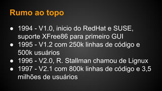 Rumo ao topo
● 1994 - V1.0, inicio do RedHat e SUSE,
suporte XFree86 para primeiro GUI
● 1995 - V1.2 com 250k linhas de código e
500k usuários
● 1996 - V2.0, R. Stallman chamou de Lignux
● 1997 - V2.1 com 800k linhas de código e 3,5
milhões de usuários
 