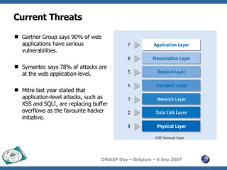 Current Threats Gartner Group says 90% of web applications have serious vulnerabilities. Symantec says 78% of attacks are at the web application level. Mitre last year stated that application-level attacks, such as XSS and SQLI, are replacing buffer overflows as the favourite hacker initiative. OSI Network Suite 
