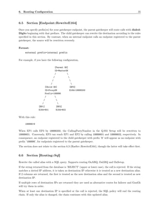 6. Routing Conﬁguration                                                                                     35



6.5    Section [Endpoint::RewriteE164]

Once you specify preﬁx(es) for your gatekeeper endpoint, the parent gatekeeper will route calls with dialed-
Digits beginning with that preﬁxes. The child gatekeeper can rewrite the destination according to the rules
speciﬁed in this section. By contrast, when an internal endpoint calls an endpoint registered to the parent
gatekeeper, the source will be rewritten reversely.

Format:
      external prefix=internal prefix

For example, if you have the following conﬁguration,

                                  [Parent GK]
                                  ID=MasterGK
                                  /         
                                /            
                               /               
                             /                  
                        [Child GK]            [EP3]
                        ID=ProxyGK            E164=18888200
                        Prefix=188886
                        /        
                      /            
                     /              
                  [EP1]            [EP2]
                  E164=601         E164=602


With this rule:

      188886=6

When EP1 calls EP3 by 18888200, the CallingPartyNumber in the Q.931 Setup will be rewritten to
18888601. Conversely, EP3 can reach EP1 and EP2 by calling 18888601 and 18888602, respectively. In
consequence, an endpoint registered to the child gatekeeper with preﬁx ’6’ will appear as an endpoint with
preﬁx ’188886’, for endpoints registered to the parent gatekeeper.
The section does not relate to the section 6.3 (RasSrv::RewriteE164), though the latter will take eﬀect ﬁrst.


6.6    Section [Routing::Sql]

Rewrite the called alias with a SQL query. Supports routing OnARQ, OnLRQ and OnSetup.
If the string returned from the database is ’REJECT’ (upper or lower case), the call is rejected. If the string
matches a dotted IP address, it is taken as destination IP otherwise it is treated as a new destination alias.
If 2 columns are returned, the ﬁrst is treated as the new destination alias and the second is treated as new
destination IP.
If multiple rows of destination IPs are returned they are used as alternative routes for failover and GnuGk
will try them in order.
When at least one destination IP is speciﬁed or the call is rejected, the SQL policy will end the routing
chain. If only the alias is changed, the chain continues with this updated alias.
 