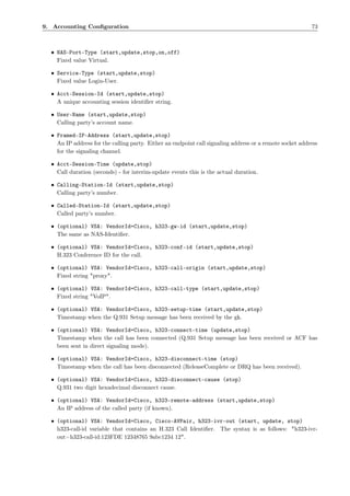 9. Accounting Conﬁguration                                                                                73



  • NAS-Port-Type (start,update,stop,on,off)
    Fixed value Virtual.

  • Service-Type (start,update,stop)
    Fixed value Login-User.

  • Acct-Session-Id (start,update,stop)
    A unique accounting session identiﬁer string.

  • User-Name (start,update,stop)
    Calling party’s account name.

  • Framed-IP-Address (start,update,stop)
    An IP address for the calling party. Either an endpoint call signaling address or a remote socket address
    for the signaling channel.

  • Acct-Session-Time (update,stop)
    Call duration (seconds) - for interim-update events this is the actual duration.

  • Calling-Station-Id (start,update,stop)
    Calling party’s number.

  • Called-Station-Id (start,update,stop)
    Called party’s number.

  • (optional) VSA: VendorId=Cisco, h323-gw-id (start,update,stop)
    The same as NAS-Identiﬁer.

  • (optional) VSA: VendorId=Cisco, h323-conf-id (start,update,stop)
    H.323 Conference ID for the call.

  • (optional) VSA: VendorId=Cisco, h323-call-origin (start,update,stop)
    Fixed string "proxy".

  • (optional) VSA: VendorId=Cisco, h323-call-type (start,update,stop)
    Fixed string "VoIP".

  • (optional) VSA: VendorId=Cisco, h323-setup-time (start,update,stop)
    Timestamp when the Q.931 Setup message has been received by the gk.

  • (optional) VSA: VendorId=Cisco, h323-connect-time (update,stop)
    Timestamp when the call has been connected (Q.931 Setup message has been received or ACF has
    been sent in direct signaling mode).

  • (optional) VSA: VendorId=Cisco, h323-disconnect-time (stop)
    Timestamp when the call has been disconnected (ReleaseComplete or DRQ has been received).

  • (optional) VSA: VendorId=Cisco, h323-disconnect-cause (stop)
    Q.931 two digit hexadecimal disconnect cause.

  • (optional) VSA: VendorId=Cisco, h323-remote-address (start,update,stop)
    An IP address of the called party (if known).

  • (optional) VSA: VendorId=Cisco, Cisco-AVPair, h323-ivr-out (start, update, stop)
    h323-call-id variable that contains an H.323 Call Identiﬁer. The syntax is as follows: "h323-ivr-
    out=h323-call-id:123FDE 12348765 9abc1234 12".
 