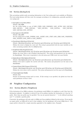 10. Neighbor Conﬁguration                                                                                 80



9.6    Section [SyslogAcct]

This accounting module sends accounting information to the Unix syslog and is not available on Windows.
The local syslog daemon will then route the messages according to its conﬁguration, generally speciﬁed in
/etc/syslog.conf.

   • SyslogFacility=LOG_LOCAL1
     Default: LOG_USER
     Set the syslog facility to one of LOG_USER, LOG_DAEMON, LOG_AUTH, LOG_LOCAL0,
     LOG_LOCAL1,          LOG_LOCAL2,      LOG_LOCAL3,   LOG_LOCAL4,   LOG_LOCAL5,
     LOG_LOCAL6, LOG_LOCAL7.

   • SyslogLevel=LOG_NOTICE
     Default: LOG_INFO
     Set the syslog level to LOG_EMERG, LOG_ALERT, LOG_CRIT, LOG_ERR, LOG_WARNING,
     LOG_NOTICE, LOG_INFO or LOG_DEBUG.

   • StartEvent=CALL|Start|%{CallId}
     Default: CALL|Start|%{caller-ip}:%{caller-port}|%{callee-ip}:%{callee-port}|%{CallId}
     Deﬁnes the event to display for a new call. The string is parametrized with the same variables as the
     other accounting modules (See 9.4 ([SQLAacct])).

   • StopEvent=CALL|Stop|%{CallId}
     Default: CALL|Stop|%{caller-ip}:%{caller-port}|%{callee-ip}:%{callee-port}|%{CallId}
     Deﬁnes the event when a call is ﬁnished (disconnected). The syntax and parameters are the same as
     for StartEvent. This event is equivalent to the old status port CDR event, but more ﬂexible.

   • UpdateEvent=CALL|Update|%{CallId}
     Default: CALL|Update|%{caller-ip}:%{caller-port}|%{callee-ip}:%{callee-port}|%{CallId}
     Deﬁnes event used to update the current call state. The syntax and parameters are the same as for
     StartEvent.

   • ConnectEvent=CALL|Connect|%{CallId}
     Default: CALL|Connect|%{caller-ip}:%{caller-port}|%{callee-ip}:%{callee-port}|%{CallId}
     Deﬁnes the event when a call is connected. The syntax and parameters are the same as for StartEvent.

   • TimestampFormat=MySQL
     Default: N/A
     Format of timestamp strings used in events. If this setting is not speciﬁed, the global one from the
     main gatekeeper section is used.



10     Neighbor Conﬁguration

10.1    Section [RasSrv::Neighbors]

If the destination of an ARQ is unknown, the gatekeeper sends LRQs to its neighbors to ask if they have the
destination endpoint. A neighbor is selected if one of its preﬁxes matches the destination or it has the “*”
preﬁx. More than one preﬁx may be speciﬁed. You can use special characters “.” to do wildcard matching
and “!” to disable a speciﬁc preﬁx.
Conversely, the gatekeeper will only reply to LRQs sent from neighbors deﬁned in this section. If you specify
an empty preﬁx, no LRQ will be sent to that neighbor, but the gatekeeper will accept LRQs from it. The
empty preﬁx is denoted by a single semicolon appended to the neighbor entry. Example:
 