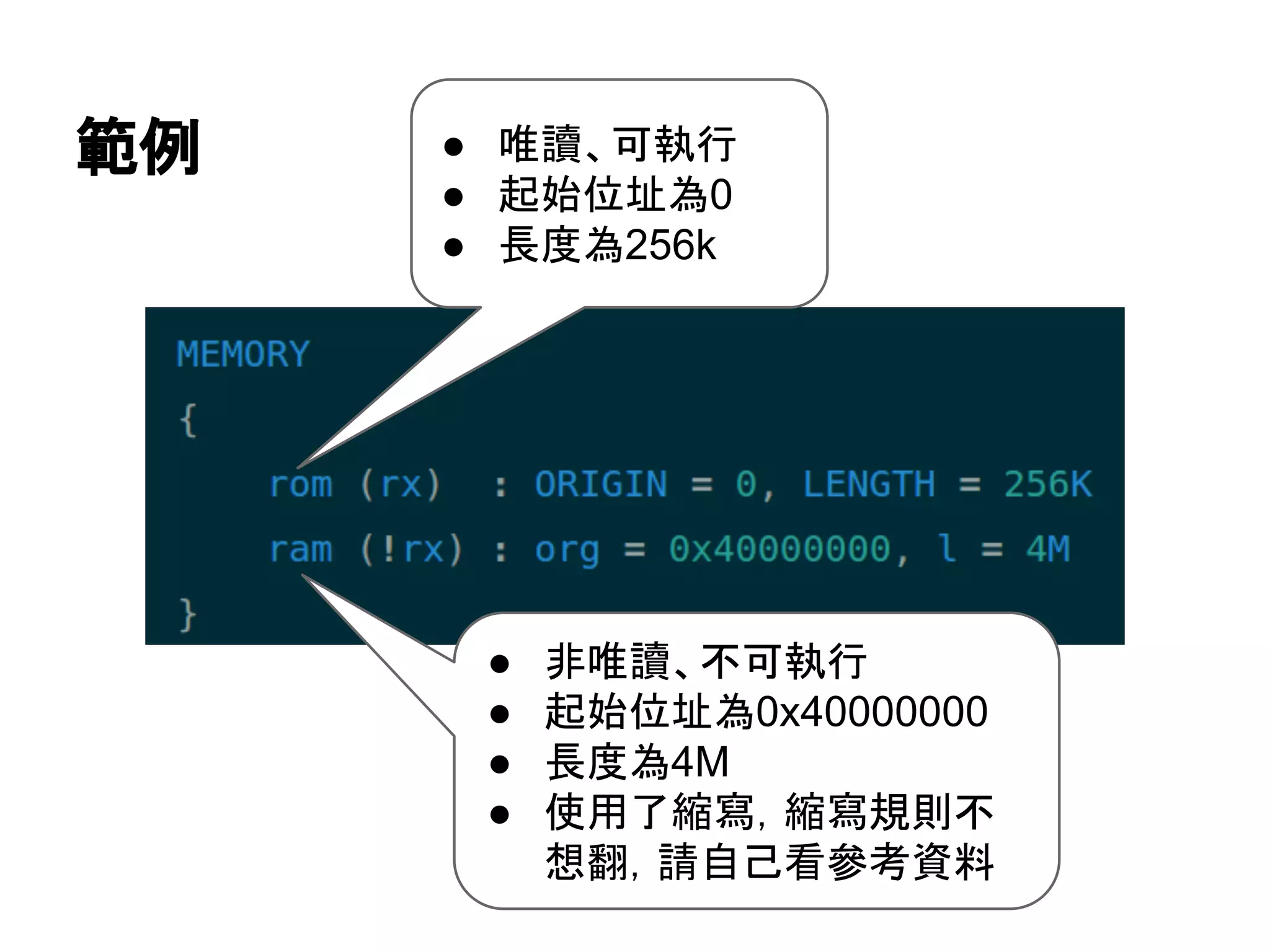 範例 ● 唯讀、可執行
● 起始位址為0
● 長度為256k
● 非唯讀、不可執行
● 起始位址為0x40000000
● 長度為4M
● 使用了縮寫，縮寫規則不
想翻，請自己看參考資料
 