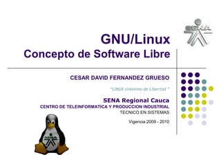 GNU/LinuxConcepto de Software Libre CESAR DAVID FERNANDEZ GRUESO“LINUX sinónimo de Libertad ”SENA Regional Cauca CENTRO DE TELEINFORMATICA Y PRODUCCION INDUSTRIAL TECNICO EN SISTEMASVigencia 2009 - 2010 