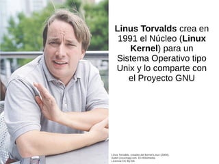 Linus Torvalds crea en
1991 el Núcleo (Linux
Kernel) para un
Sistema Operativo tipo
Unix y lo comparte con
el Proyecto GNU
Linus Torvalds, creador del kernel Linux (2004).
Autor Linuxmag.com. En Wikimedia
Licencia CC By-SA
 