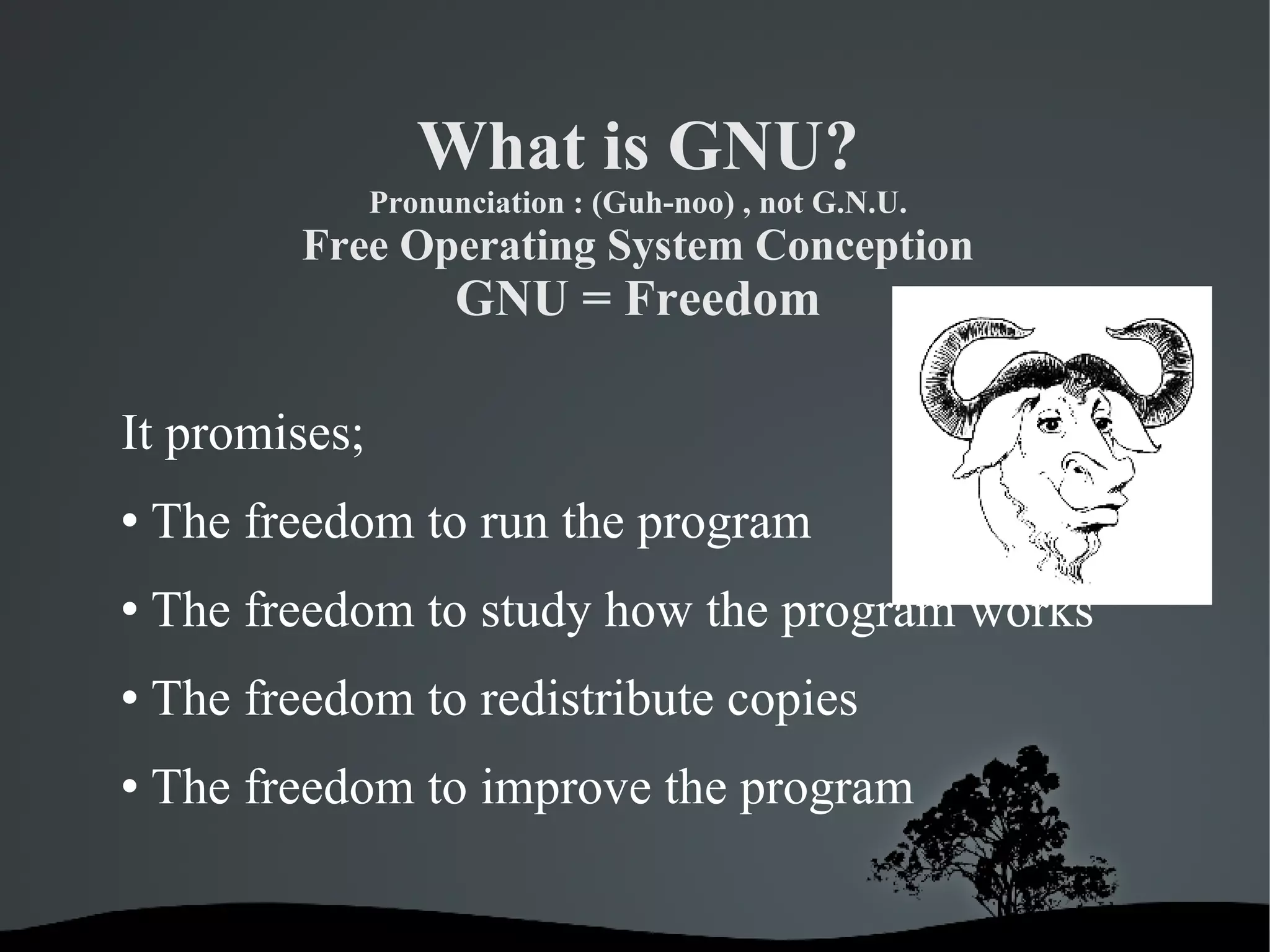 What is GNU? Pronunciation : (Guh-noo) , not G.N.U. Free Operating System Conception GNU = Freedom It promises;  The freedom to run the program The freedom to study how the program works The freedom to redistribute copies The freedom to improve the program 