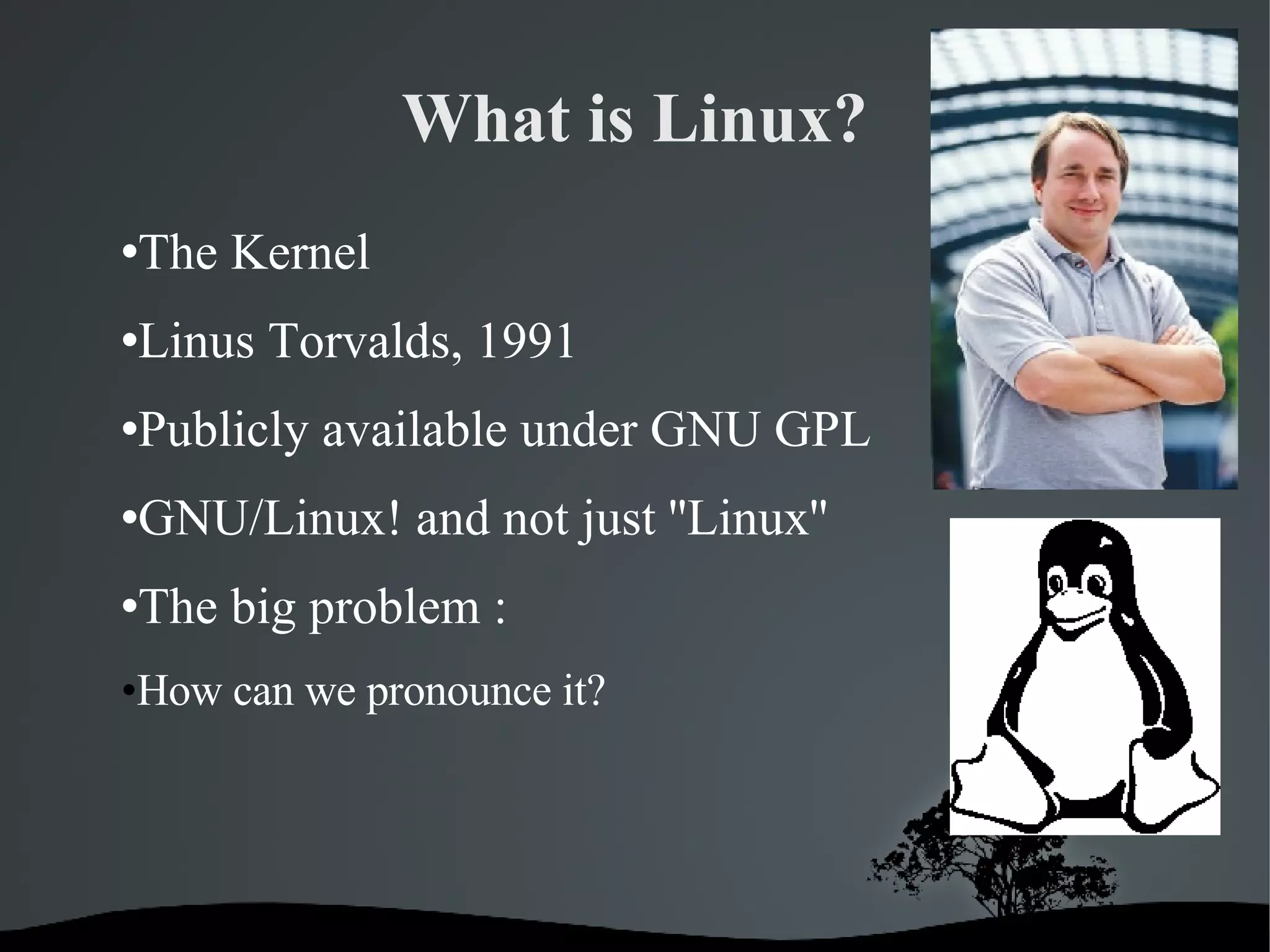 What is Linux? The Kernel Linus Torvalds, 1991 Publicly available under GNU GPL GNU/Linux! and not just ''Linux'' The big problem :  How can we pronounce it? 