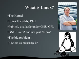 What is Linux? The Kernel Linus Torvalds, 1991 Publicly available under GNU GPL GNU/Linux! and not just ''Linux'' The big problem :  How can we pronounce it? 