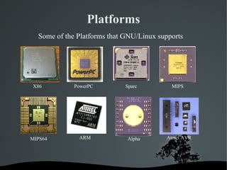 Platforms X86 PowerPC Sparc MIPS MIPS64 ARM Alpha Atmel AVR Some of the Platforms that GNU/Linux supports 