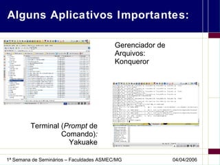 Alguns Aplicativos Importantes: Gerenciador de Arquivos: Konqueror Terminal  ( Prompt  de Comando) : Yakuake 