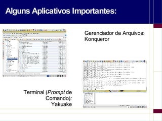 Alguns Aplicativos Importantes: Gerenciador de Arquivos: Konqueror Terminal  ( Prompt  de Comando) : Yakuake 