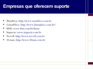 Empresas que oferecem suporte Mandriva:  http://www.mandriva.com.br   LinuxPlace:  http://www.linuxplace.com.br/   IBM:  www.ibm.com/br/linux Impacta:  www.impacta.com.br Novell:  http://www.novell.com.br 4Linux:  http://www.4linux.com.br 