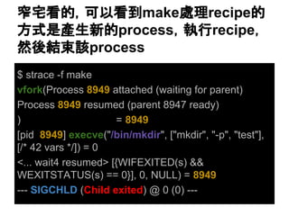 ✽Ꮿ┳ⓗ䠈ྍ௨┳฿make⹦⌮recipeⓗ 
᪉ᘧ᫝產⏕᪂ⓗprocess䠈ᇳ⾜recipe䠈 
↛ᚋ⤖᮰ヱprocess 
$ strace -f make 
vfork(Process 8949 attached (waiting for parent) 
Process 8949 resumed (parent 8947 ready) 
) = 8949 
[pid 8949] execve("/bin/mkdir", ["mkdir", "-p", "test"], 
[/* 42 vars */]) = 0 
<... wait4 resumed> [{WIFEXITED(s) && 
WEXITSTATUS(s) == 0}], 0, NULL) = 8949 
--- SIGCHLD (Child exited) @ 0 (0) --- 
 