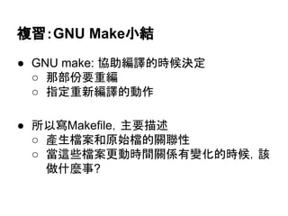 」⩦䠖GNU Makeᑠ⤖ 
● GNU make: ༠ຓ⦅㆞ⓗ᫬ೃỴᐃ 
○ 㑣㒊௷せ㔜⦅ 
○ ᣦᐃ㔜᪂⦅㆞ⓗືస 
● ᡤ௨ᑃMakefile䠈୺せᥥ㏙ 
○ 產⏕᷐᱌࿴ཎጞ᷐ⓗ㜝⫃ᛶ 
○ ␜㏺ல᷐᱌᭦ື᫬㛫㜝ಀ᭷ㆰ໬ⓗ᫬ೃ䠈ヱ 
೴ொ㯟஦? 
 