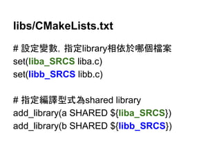 libs/CMakeLists.txt 
# タᐃㆰᩝ䠈ᣦᐃlibrary┦౫᪊ီಶ᷐᱌ 
set(liba_SRCS liba.c) 
set(libb_SRCS libb.c) 
# ᣦᐃ⦅㆞ᆺᘧⅭshared library 
add_library(a SHARED ${liba_SRCS}) 
add_library(b SHARED ${libb_SRCS}) 
 