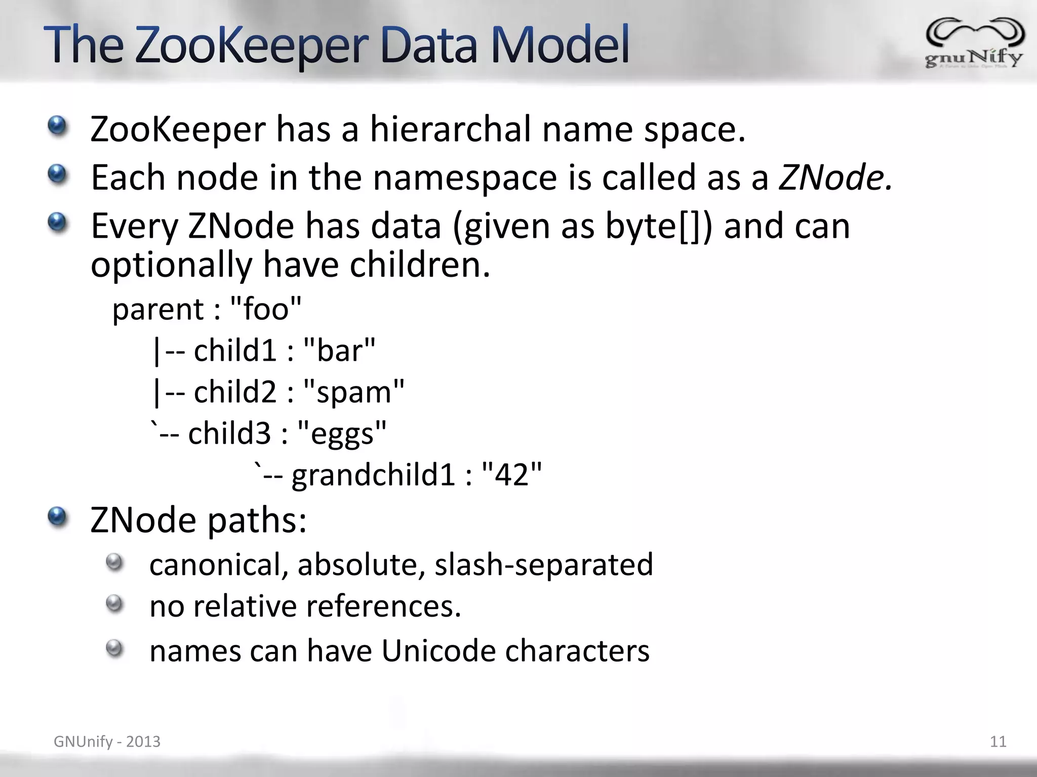 ZooKeeper has a hierarchal name space. Each node in the namespace is called as a ZNode. Every ZNode has data (given as byte[]) and can optionally have children. parent : "foo" |-- child1 : "bar" |-- child2 : "spam" `-- child3 : "eggs" `-- grandchild1 : "42" ZNode paths: canonical, absolute, slash-separated no relative references. names can have Unicode characters GNUnify - 2013 11 