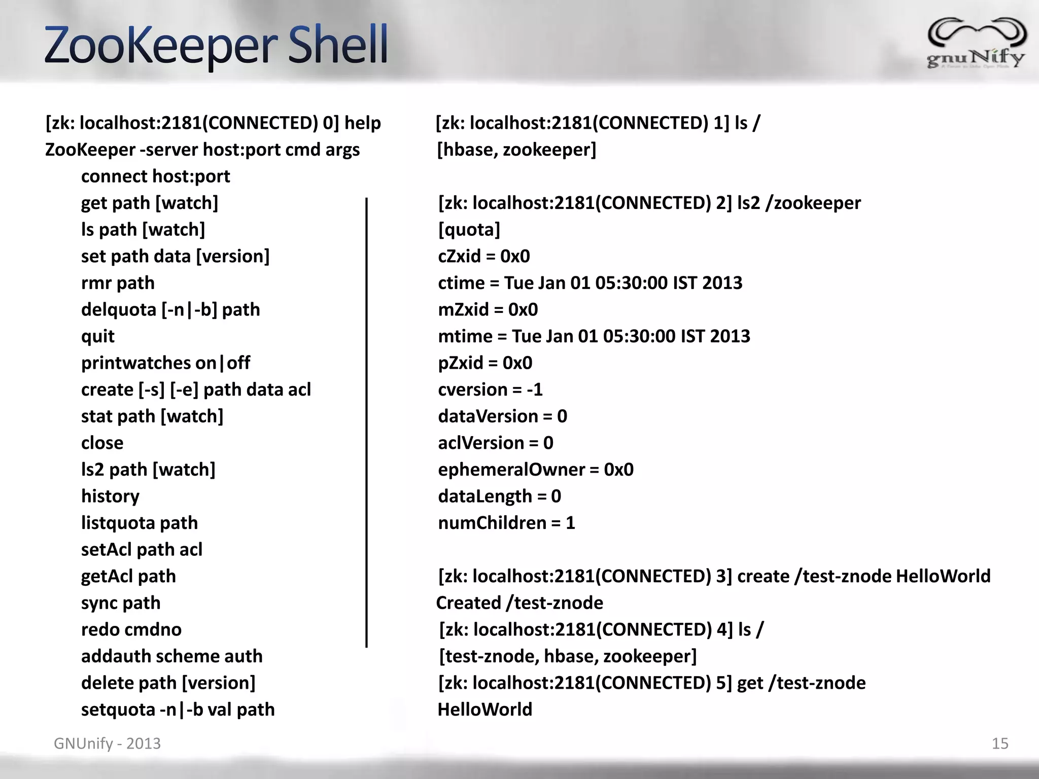 [zk: localhost:2181(CONNECTED) 0] help [zk: localhost:2181(CONNECTED) 1] ls / ZooKeeper -server host:port cmd args [hbase, zookeeper] connect host:port get path [watch] [zk: localhost:2181(CONNECTED) 2] ls2 /zookeeper ls path [watch] [quota] set path data [version] cZxid = 0x0 rmr path ctime = Tue Jan 01 05:30:00 IST 2013 delquota [-n|-b] path mZxid = 0x0 quit mtime = Tue Jan 01 05:30:00 IST 2013 printwatches on|off pZxid = 0x0 create [-s] [-e] path data acl cversion = -1 stat path [watch] dataVersion = 0 close aclVersion = 0 ls2 path [watch] ephemeralOwner = 0x0 history dataLength = 0 listquota path numChildren = 1 setAcl path acl getAcl path [zk: localhost:2181(CONNECTED) 3] create /test-znode HelloWorld sync path Created /test-znode redo cmdno [zk: localhost:2181(CONNECTED) 4] ls / addauth scheme auth [test-znode, hbase, zookeeper] delete path [version] [zk: localhost:2181(CONNECTED) 5] get /test-znode setquota -n|-b val path HelloWorld GNUnify - 2013 15 