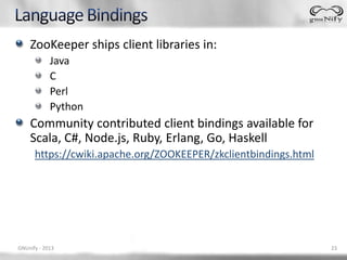 ZooKeeper ships client libraries in:
            Java
            C
            Perl
            Python
    Community contributed client bindings available for
    Scala, C#, Node.js, Ruby, Erlang, Go, Haskell
      https://cwiki.apache.org/ZOOKEEPER/zkclientbindings.html




GNUnify - 2013                                                   23
 