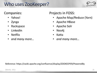 Companies:                               Projects in FOSS:
   •    Yahoo!                              •   Apache Map/Reduce (Yarn)
   •    Zynga                               •   Apache HBase
   •    Rackspace                           •   Apache Solr
   •    LinkedIn                            •   Neo4j
   •    Netflix                             •   Katta
   •    and many more…                      •   and many more…




Reference: https://cwiki.apache.org/confluence/display/ZOOKEEPER/PoweredBy

GNUnify - 2013                                                               25
 