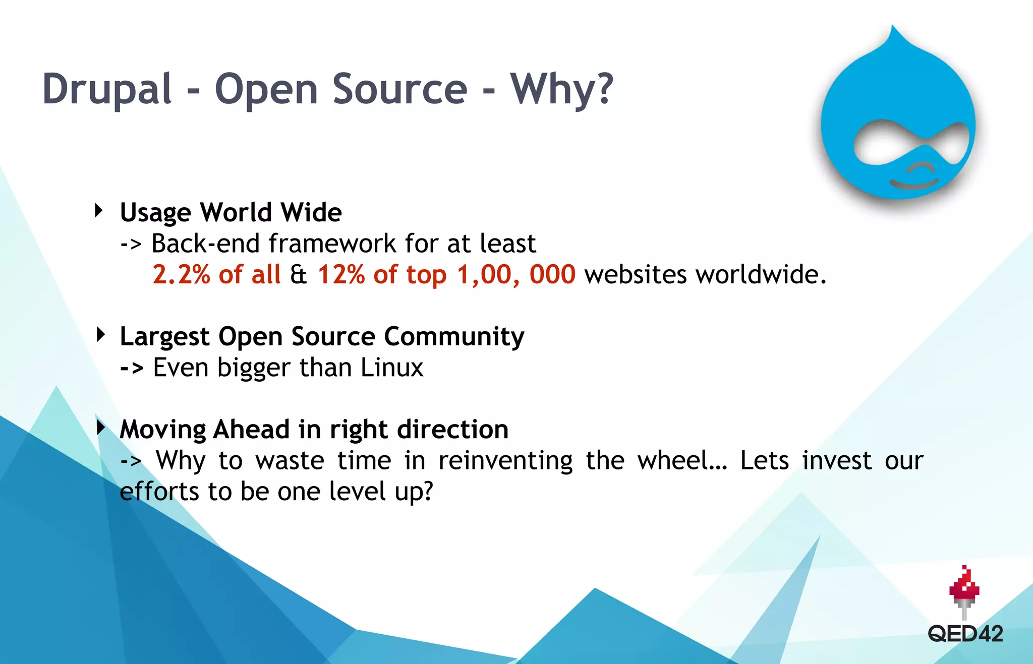 Drupal - Open Source - Why?
‣ Usage World Wide 
-> Back-end framework for at least  
2.2% of all & 12% of top 1,00, 000 websites worldwide.
‣ Largest Open Source Community 
-> Even bigger than Linux
‣ Moving Ahead in right direction 
-> Why to waste time in reinventing the wheel… Lets invest our
efforts to be one level up?
 