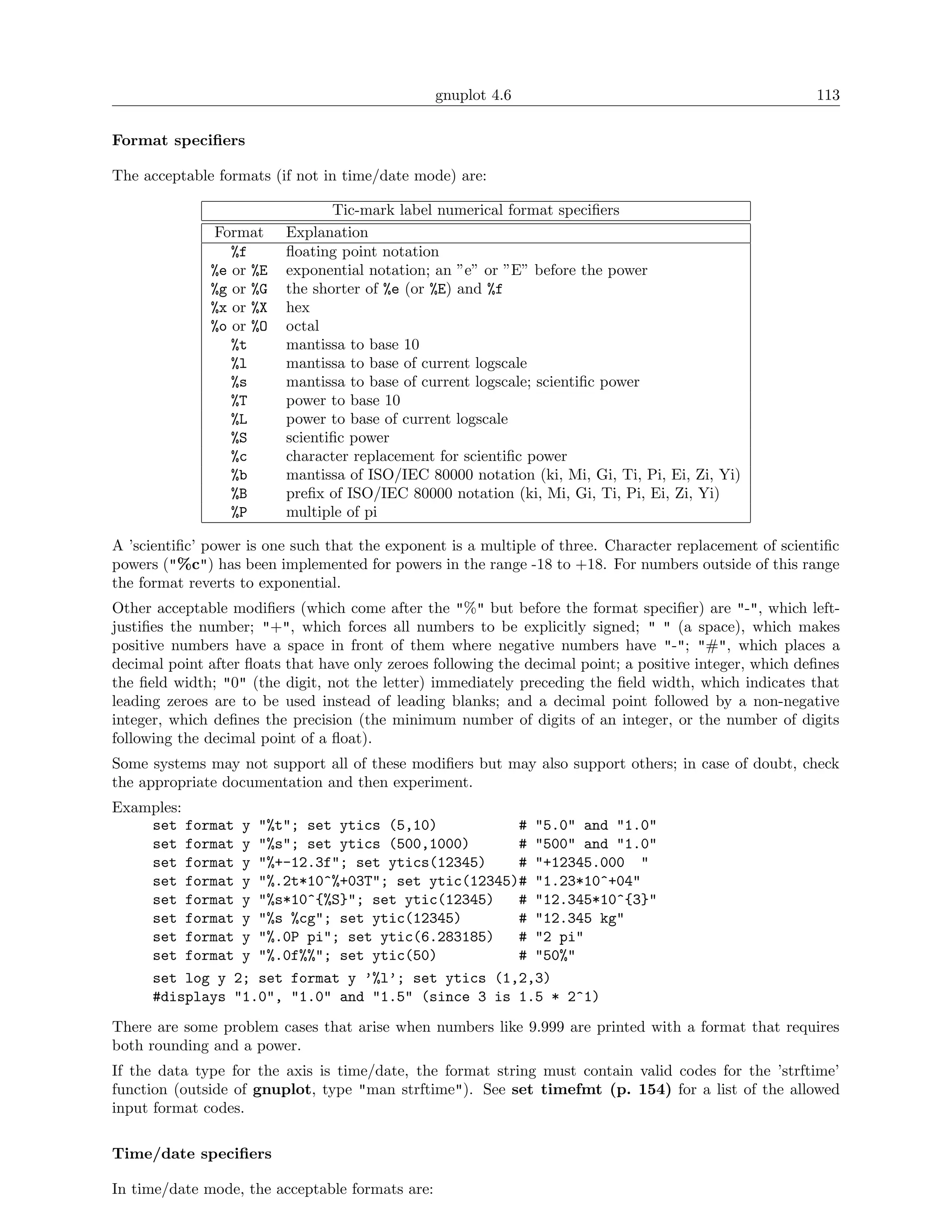 gnuplot 4.6                                             113

Format speciﬁers

The acceptable formats (if not in time/date mode) are:

                                 Tic-mark label numerical format speciﬁers
              Format      Explanation
                 %f       ﬂoating point notation
              %e or %E    exponential notation; an ”e” or ”E” before the power
              %g or %G    the shorter of %e (or %E) and %f
              %x or %X    hex
              %o or %O    octal
                 %t       mantissa to base 10
                 %l       mantissa to base of current logscale
                 %s       mantissa to base of current logscale; scientiﬁc power
                 %T       power to base 10
                 %L       power to base of current logscale
                 %S       scientiﬁc power
                 %c       character replacement for scientiﬁc power
                 %b       mantissa of ISO/IEC 80000 notation (ki, Mi, Gi, Ti, Pi, Ei, Zi, Yi)
                 %B       preﬁx of ISO/IEC 80000 notation (ki, Mi, Gi, Ti, Pi, Ei, Zi, Yi)
                 %P       multiple of pi

A ’scientiﬁc’ power is one such that the exponent is a multiple of three. Character replacement of scientiﬁc
powers ("%c") has been implemented for powers in the range -18 to +18. For numbers outside of this range
the format reverts to exponential.
Other acceptable modiﬁers (which come after the "%" but before the format speciﬁer) are "-", which left-
justiﬁes the number; "+", which forces all numbers to be explicitly signed; " " (a space), which makes
positive numbers have a space in front of them where negative numbers have "-"; "#", which places a
decimal point after ﬂoats that have only zeroes following the decimal point; a positive integer, which deﬁnes
the ﬁeld width; "0" (the digit, not the letter) immediately preceding the ﬁeld width, which indicates that
leading zeroes are to be used instead of leading blanks; and a decimal point followed by a non-negative
integer, which deﬁnes the precision (the minimum number of digits of an integer, or the number of digits
following the decimal point of a ﬂoat).
Some systems may not support all of these modiﬁers but may also support others; in case of doubt, check
the appropriate documentation and then experiment.
Examples:
    set format y "%t"; set ytics (5,10)          # "5.0" and "1.0"
    set format y "%s"; set ytics (500,1000)      # "500" and "1.0"
    set format y "%+-12.3f"; set ytics(12345)    # "+12345.000 "
    set format y "%.2t*10^%+03T"; set ytic(12345)# "1.23*10^+04"
    set format y "%s*10^{%S}"; set ytic(12345)   # "12.345*10^{3}"
    set format y "%s %cg"; set ytic(12345)       # "12.345 kg"
    set format y "%.0P pi"; set ytic(6.283185)   # "2 pi"
    set format y "%.0f%%"; set ytic(50)          # "50%"
    set log y 2; set format y ’%l’; set ytics (1,2,3)
    #displays "1.0", "1.0" and "1.5" (since 3 is 1.5 * 2^1)
There are some problem cases that arise when numbers like 9.999 are printed with a format that requires
both rounding and a power.
If the data type for the axis is time/date, the format string must contain valid codes for the ’strftime’
function (outside of gnuplot, type "man strftime"). See set timefmt (p. 154) for a list of the allowed
input format codes.

Time/date speciﬁers

In time/date mode, the acceptable formats are:
 