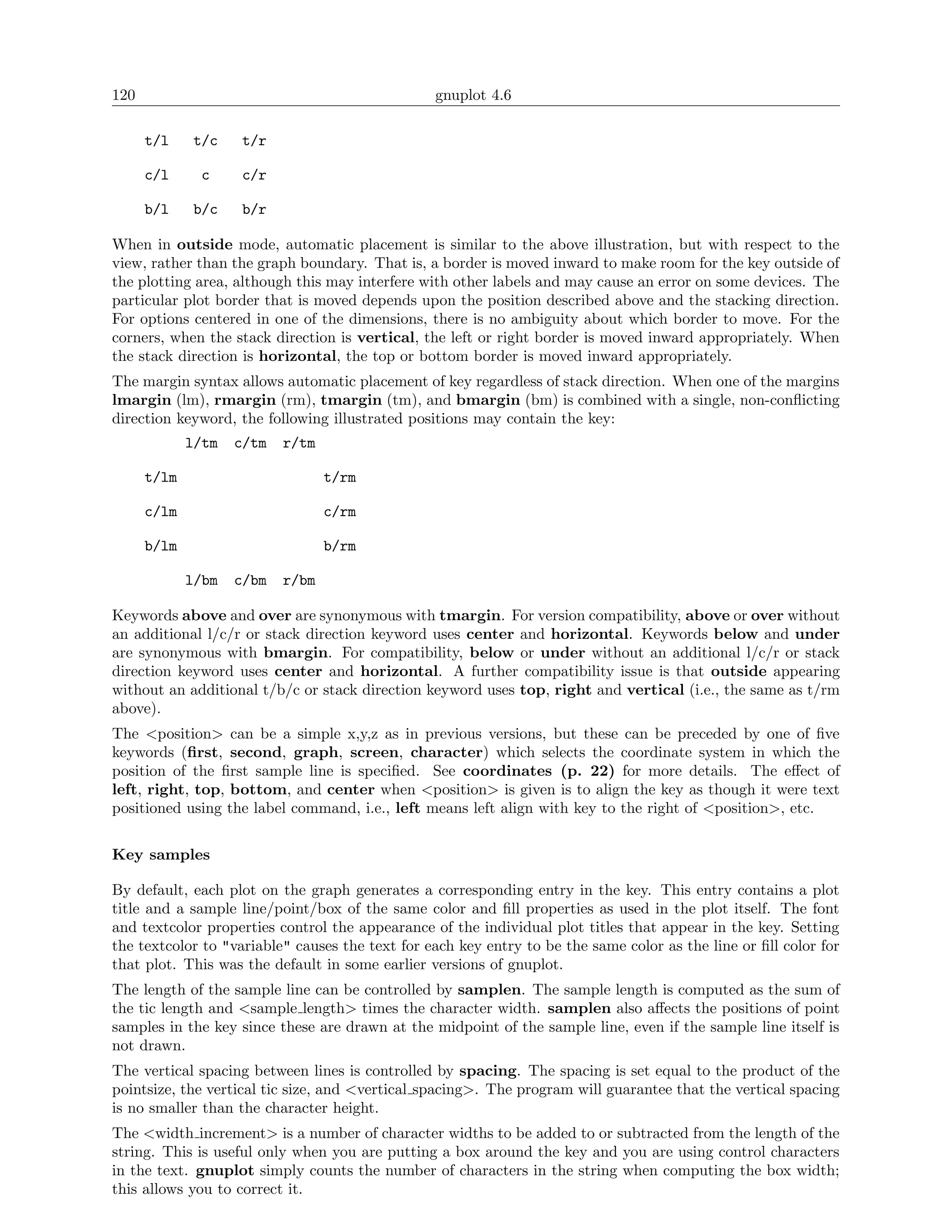 120                                              gnuplot 4.6

      t/l    t/c    t/r

      c/l     c     c/r

      b/l    b/c    b/r

When in outside mode, automatic placement is similar to the above illustration, but with respect to the
view, rather than the graph boundary. That is, a border is moved inward to make room for the key outside of
the plotting area, although this may interfere with other labels and may cause an error on some devices. The
particular plot border that is moved depends upon the position described above and the stacking direction.
For options centered in one of the dimensions, there is no ambiguity about which border to move. For the
corners, when the stack direction is vertical, the left or right border is moved inward appropriately. When
the stack direction is horizontal, the top or bottom border is moved inward appropriately.
The margin syntax allows automatic placement of key regardless of stack direction. When one of the margins
lmargin (lm), rmargin (rm), tmargin (tm), and bmargin (bm) is combined with a single, non-conﬂicting
direction keyword, the following illustrated positions may contain the key:
             l/tm   c/tm   r/tm

      t/lm                        t/rm

      c/lm                        c/rm

      b/lm                        b/rm

             l/bm   c/bm   r/bm

Keywords above and over are synonymous with tmargin. For version compatibility, above or over without
an additional l/c/r or stack direction keyword uses center and horizontal. Keywords below and under
are synonymous with bmargin. For compatibility, below or under without an additional l/c/r or stack
direction keyword uses center and horizontal. A further compatibility issue is that outside appearing
without an additional t/b/c or stack direction keyword uses top, right and vertical (i.e., the same as t/rm
above).
The <position> can be a simple x,y,z as in previous versions, but these can be preceded by one of ﬁve
keywords (ﬁrst, second, graph, screen, character) which selects the coordinate system in which the
position of the ﬁrst sample line is speciﬁed. See coordinates (p. 22) for more details. The eﬀect of
left, right, top, bottom, and center when <position> is given is to align the key as though it were text
positioned using the label command, i.e., left means left align with key to the right of <position>, etc.


Key samples

By default, each plot on the graph generates a corresponding entry in the key. This entry contains a plot
title and a sample line/point/box of the same color and ﬁll properties as used in the plot itself. The font
and textcolor properties control the appearance of the individual plot titles that appear in the key. Setting
the textcolor to "variable" causes the text for each key entry to be the same color as the line or ﬁll color for
that plot. This was the default in some earlier versions of gnuplot.
The length of the sample line can be controlled by samplen. The sample length is computed as the sum of
the tic length and <sample length> times the character width. samplen also aﬀects the positions of point
samples in the key since these are drawn at the midpoint of the sample line, even if the sample line itself is
not drawn.
The vertical spacing between lines is controlled by spacing. The spacing is set equal to the product of the
pointsize, the vertical tic size, and <vertical spacing>. The program will guarantee that the vertical spacing
is no smaller than the character height.
The <width increment> is a number of character widths to be added to or subtracted from the length of the
string. This is useful only when you are putting a box around the key and you are using control characters
in the text. gnuplot simply counts the number of characters in the string when computing the box width;
this allows you to correct it.
 