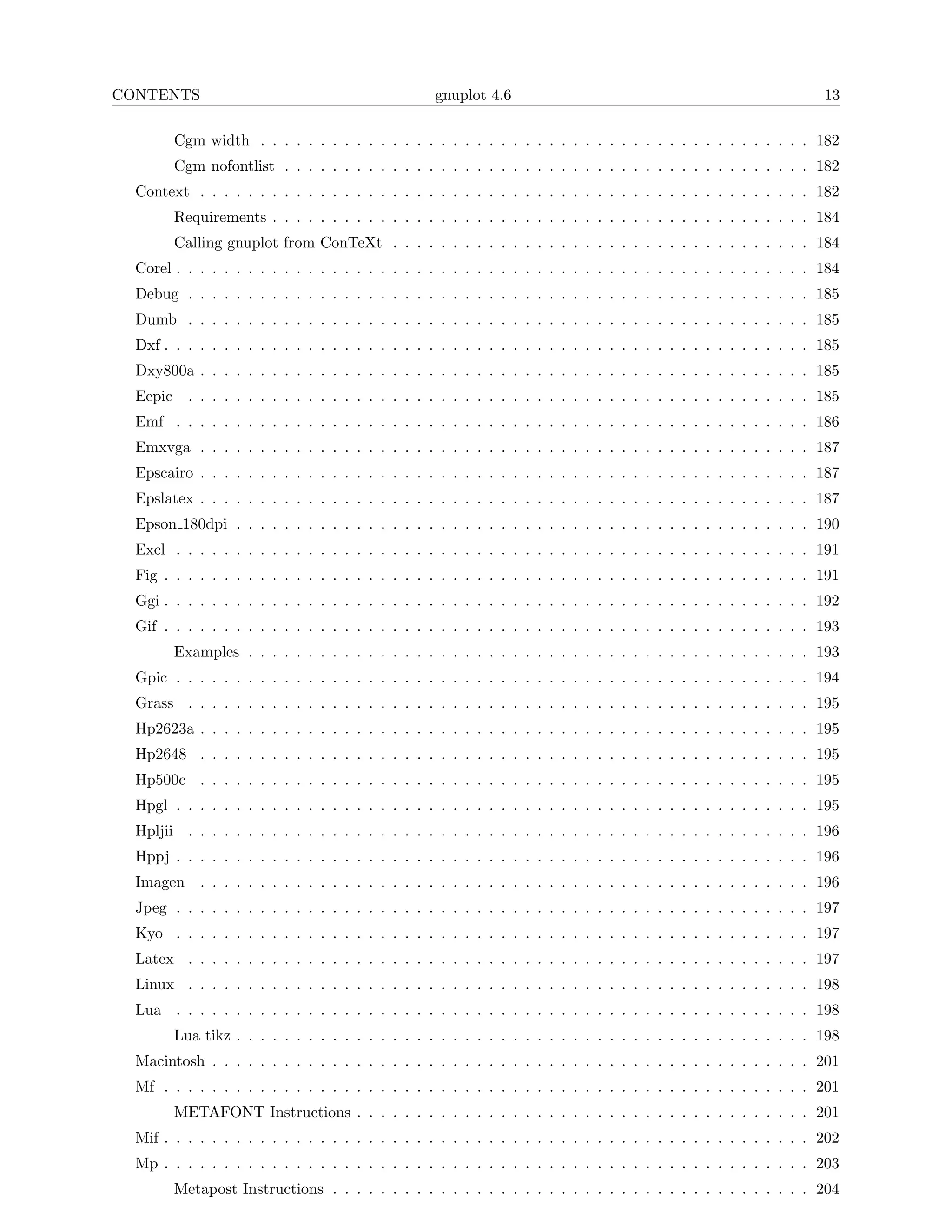 CONTENTS                                            gnuplot 4.6                                                     13

          Cgm width . . . . . . . . . . . . . . . . . . . . . . . . . . . . . . . . . . . . . . . . . . . . . . 182
          Cgm nofontlist . . . . . . . . . . . . . . . . . . . . . . . . . . . . . . . . . . . . . . . . . . . . 182
  Context . . . . . . . . . . . . . . . . . . . . . . . . . . . . . . . . . . . . . . . . . . . . . . . . . . . 182
          Requirements . . . . . . . . . . . . . . . . . . . . . . . . . . . . . . . . . . . . . . . . . . . . . 184
          Calling gnuplot from ConTeXt . . . . . . . . . . . . . . . . . . . . . . . . . . . . . . . . . . . 184
  Corel . . . . . . . . . . . . . . . . . . . . . . . . . . . . . . . . . . . . . . . . . . . . . . . . . . . . . 184
  Debug . . . . . . . . . . . . . . . . . . . . . . . . . . . . . . . . . . . . . . . . . . . . . . . . . . . . 185
  Dumb . . . . . . . . . . . . . . . . . . . . . . . . . . . . . . . . . . . . . . . . . . . . . . . . . . . . 185
  Dxf . . . . . . . . . . . . . . . . . . . . . . . . . . . . . . . . . . . . . . . . . . . . . . . . . . . . . . 185
  Dxy800a . . . . . . . . . . . . . . . . . . . . . . . . . . . . . . . . . . . . . . . . . . . . . . . . . . . 185
  Eepic     . . . . . . . . . . . . . . . . . . . . . . . . . . . . . . . . . . . . . . . . . . . . . . . . . . . . 185
  Emf . . . . . . . . . . . . . . . . . . . . . . . . . . . . . . . . . . . . . . . . . . . . . . . . . . . . . 186
  Emxvga . . . . . . . . . . . . . . . . . . . . . . . . . . . . . . . . . . . . . . . . . . . . . . . . . . . 187
  Epscairo . . . . . . . . . . . . . . . . . . . . . . . . . . . . . . . . . . . . . . . . . . . . . . . . . . . 187
  Epslatex . . . . . . . . . . . . . . . . . . . . . . . . . . . . . . . . . . . . . . . . . . . . . . . . . . . 187
  Epson 180dpi . . . . . . . . . . . . . . . . . . . . . . . . . . . . . . . . . . . . . . . . . . . . . . . . 190
  Excl . . . . . . . . . . . . . . . . . . . . . . . . . . . . . . . . . . . . . . . . . . . . . . . . . . . . . 191
  Fig . . . . . . . . . . . . . . . . . . . . . . . . . . . . . . . . . . . . . . . . . . . . . . . . . . . . . . 191
  Ggi . . . . . . . . . . . . . . . . . . . . . . . . . . . . . . . . . . . . . . . . . . . . . . . . . . . . . . 192
  Gif . . . . . . . . . . . . . . . . . . . . . . . . . . . . . . . . . . . . . . . . . . . . . . . . . . . . . . 193
          Examples . . . . . . . . . . . . . . . . . . . . . . . . . . . . . . . . . . . . . . . . . . . . . . . 193
  Gpic . . . . . . . . . . . . . . . . . . . . . . . . . . . . . . . . . . . . . . . . . . . . . . . . . . . . . 194
  Grass . . . . . . . . . . . . . . . . . . . . . . . . . . . . . . . . . . . . . . . . . . . . . . . . . . . . 195
  Hp2623a . . . . . . . . . . . . . . . . . . . . . . . . . . . . . . . . . . . . . . . . . . . . . . . . . . . 195
  Hp2648 . . . . . . . . . . . . . . . . . . . . . . . . . . . . . . . . . . . . . . . . . . . . . . . . . . . 195
  Hp500c . . . . . . . . . . . . . . . . . . . . . . . . . . . . . . . . . . . . . . . . . . . . . . . . . . . 195
  Hpgl . . . . . . . . . . . . . . . . . . . . . . . . . . . . . . . . . . . . . . . . . . . . . . . . . . . . . 195
  Hpljii . . . . . . . . . . . . . . . . . . . . . . . . . . . . . . . . . . . . . . . . . . . . . . . . . . . . 196
  Hppj . . . . . . . . . . . . . . . . . . . . . . . . . . . . . . . . . . . . . . . . . . . . . . . . . . . . . 196
  Imagen . . . . . . . . . . . . . . . . . . . . . . . . . . . . . . . . . . . . . . . . . . . . . . . . . . . 196
  Jpeg . . . . . . . . . . . . . . . . . . . . . . . . . . . . . . . . . . . . . . . . . . . . . . . . . . . . . 197
  Kyo . . . . . . . . . . . . . . . . . . . . . . . . . . . . . . . . . . . . . . . . . . . . . . . . . . . . . 197
  Latex . . . . . . . . . . . . . . . . . . . . . . . . . . . . . . . . . . . . . . . . . . . . . . . . . . . . 197
  Linux . . . . . . . . . . . . . . . . . . . . . . . . . . . . . . . . . . . . . . . . . . . . . . . . . . . . 198
  Lua . . . . . . . . . . . . . . . . . . . . . . . . . . . . . . . . . . . . . . . . . . . . . . . . . . . . . 198
          Lua tikz . . . . . . . . . . . . . . . . . . . . . . . . . . . . . . . . . . . . . . . . . . . . . . . . 198
  Macintosh . . . . . . . . . . . . . . . . . . . . . . . . . . . . . . . . . . . . . . . . . . . . . . . . . . 201
  Mf . . . . . . . . . . . . . . . . . . . . . . . . . . . . . . . . . . . . . . . . . . . . . . . . . . . . . . 201
          METAFONT Instructions . . . . . . . . . . . . . . . . . . . . . . . . . . . . . . . . . . . . . . 201
  Mif . . . . . . . . . . . . . . . . . . . . . . . . . . . . . . . . . . . . . . . . . . . . . . . . . . . . . . 202
  Mp . . . . . . . . . . . . . . . . . . . . . . . . . . . . . . . . . . . . . . . . . . . . . . . . . . . . . . 203
          Metapost Instructions . . . . . . . . . . . . . . . . . . . . . . . . . . . . . . . . . . . . . . . . 204
 
