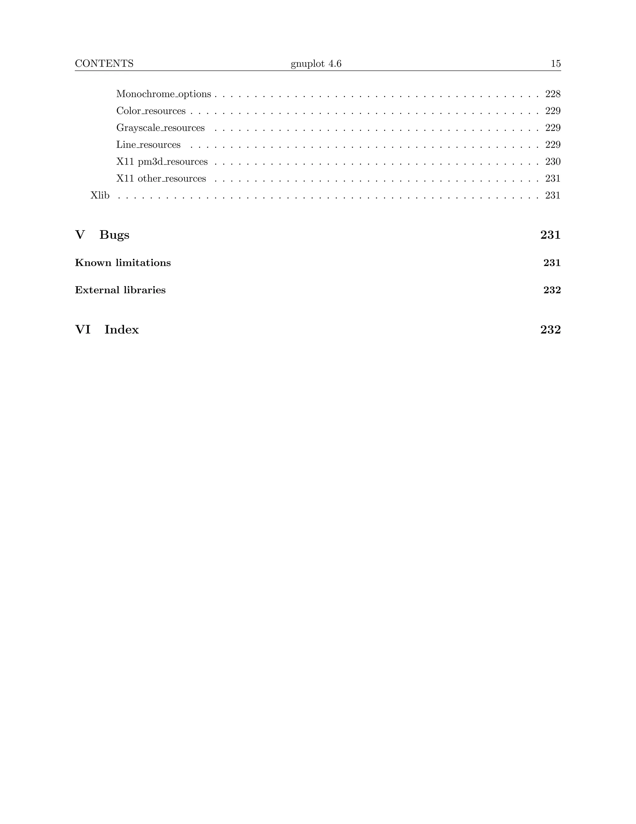 CONTENTS                                            gnuplot 4.6                                                    15

          Monochrome options . . . . . . . . . . . . . . . . . . . . . . . . . . . . . . . . . . . . . . . . . 228
          Color resources . . . . . . . . . . . . . . . . . . . . . . . . . . . . . . . . . . . . . . . . . . . . 229
          Grayscale resources . . . . . . . . . . . . . . . . . . . . . . . . . . . . . . . . . . . . . . . . . 229
          Line resources . . . . . . . . . . . . . . . . . . . . . . . . . . . . . . . . . . . . . . . . . . . . 229
          X11 pm3d resources . . . . . . . . . . . . . . . . . . . . . . . . . . . . . . . . . . . . . . . . . 230
          X11 other resources . . . . . . . . . . . . . . . . . . . . . . . . . . . . . . . . . . . . . . . . . 231
    Xlib . . . . . . . . . . . . . . . . . . . . . . . . . . . . . . . . . . . . . . . . . . . . . . . . . . . . . 231


V     Bugs                                                                                                      231

Known limitations                                                                                                231

External libraries                                                                                               232


VI     Index                                                                                                    232
 