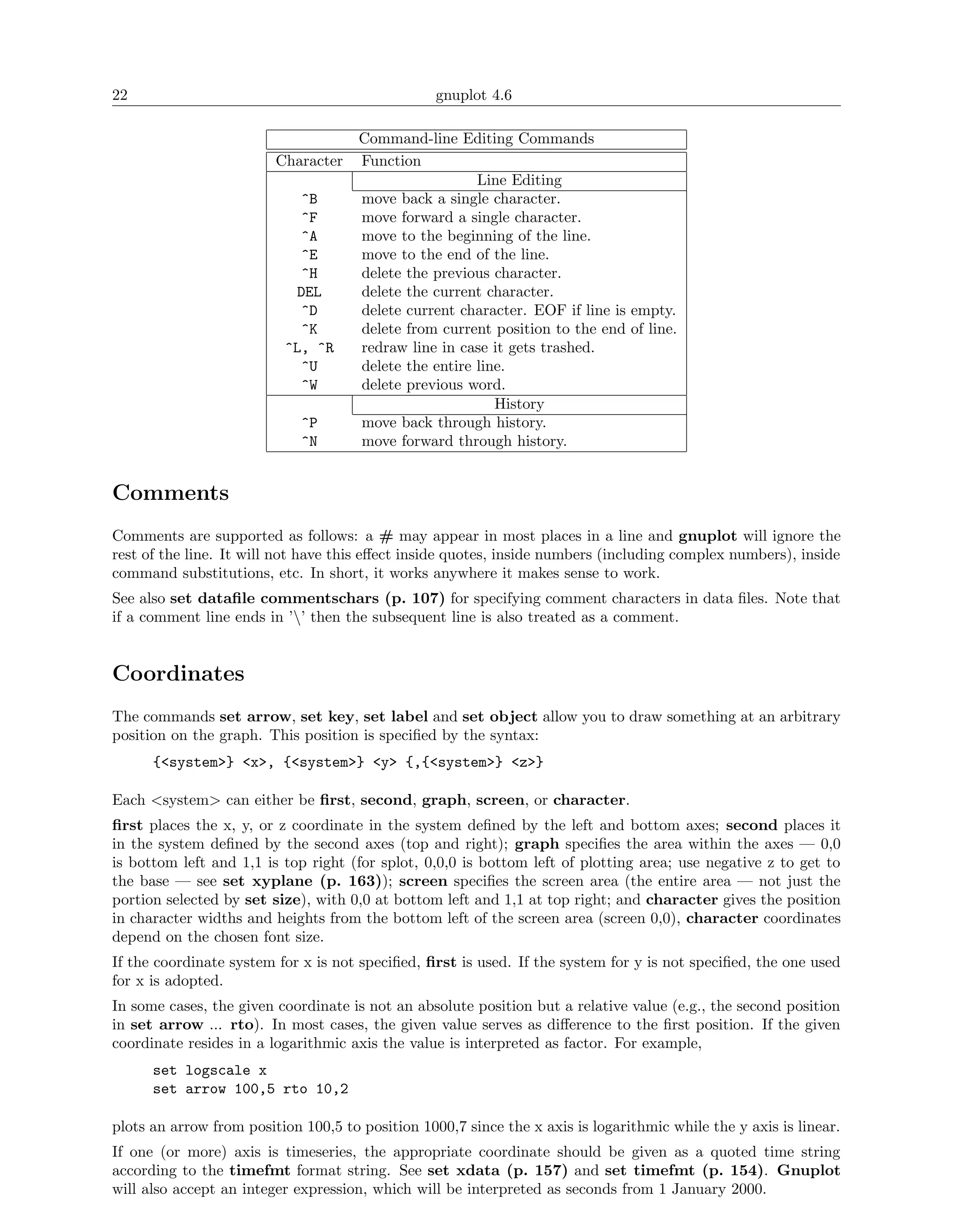 22                                                gnuplot 4.6

                                      Command-line Editing Commands
                         Character    Function
                                                        Line Editing
                            ^B        move back a single character.
                            ^F        move forward a single character.
                            ^A        move to the beginning of the line.
                            ^E        move to the end of the line.
                            ^H        delete the previous character.
                            DEL       delete the current character.
                            ^D        delete current character. EOF if line is empty.
                            ^K        delete from current position to the end of line.
                          ^L, ^R      redraw line in case it gets trashed.
                            ^U        delete the entire line.
                            ^W        delete previous word.
                                                           History
                             ^P       move back through history.
                             ^N       move forward through history.


Comments
Comments are supported as follows: a # may appear in most places in a line and gnuplot will ignore the
rest of the line. It will not have this eﬀect inside quotes, inside numbers (including complex numbers), inside
command substitutions, etc. In short, it works anywhere it makes sense to work.
See also set dataﬁle commentschars (p. 107) for specifying comment characters in data ﬁles. Note that
if a comment line ends in ’’ then the subsequent line is also treated as a comment.


Coordinates
The commands set arrow, set key, set label and set object allow you to draw something at an arbitrary
position on the graph. This position is speciﬁed by the syntax:
      {<system>} <x>, {<system>} <y> {,{<system>} <z>}

Each <system> can either be ﬁrst, second, graph, screen, or character.
ﬁrst places the x, y, or z coordinate in the system deﬁned by the left and bottom axes; second places it
in the system deﬁned by the second axes (top and right); graph speciﬁes the area within the axes — 0,0
is bottom left and 1,1 is top right (for splot, 0,0,0 is bottom left of plotting area; use negative z to get to
the base — see set xyplane (p. 163)); screen speciﬁes the screen area (the entire area — not just the
portion selected by set size), with 0,0 at bottom left and 1,1 at top right; and character gives the position
in character widths and heights from the bottom left of the screen area (screen 0,0), character coordinates
depend on the chosen font size.
If the coordinate system for x is not speciﬁed, ﬁrst is used. If the system for y is not speciﬁed, the one used
for x is adopted.
In some cases, the given coordinate is not an absolute position but a relative value (e.g., the second position
in set arrow ... rto). In most cases, the given value serves as diﬀerence to the ﬁrst position. If the given
coordinate resides in a logarithmic axis the value is interpreted as factor. For example,
      set logscale x
      set arrow 100,5 rto 10,2

plots an arrow from position 100,5 to position 1000,7 since the x axis is logarithmic while the y axis is linear.
If one (or more) axis is timeseries, the appropriate coordinate should be given as a quoted time string
according to the timefmt format string. See set xdata (p. 157) and set timefmt (p. 154). Gnuplot
will also accept an integer expression, which will be interpreted as seconds from 1 January 2000.
 