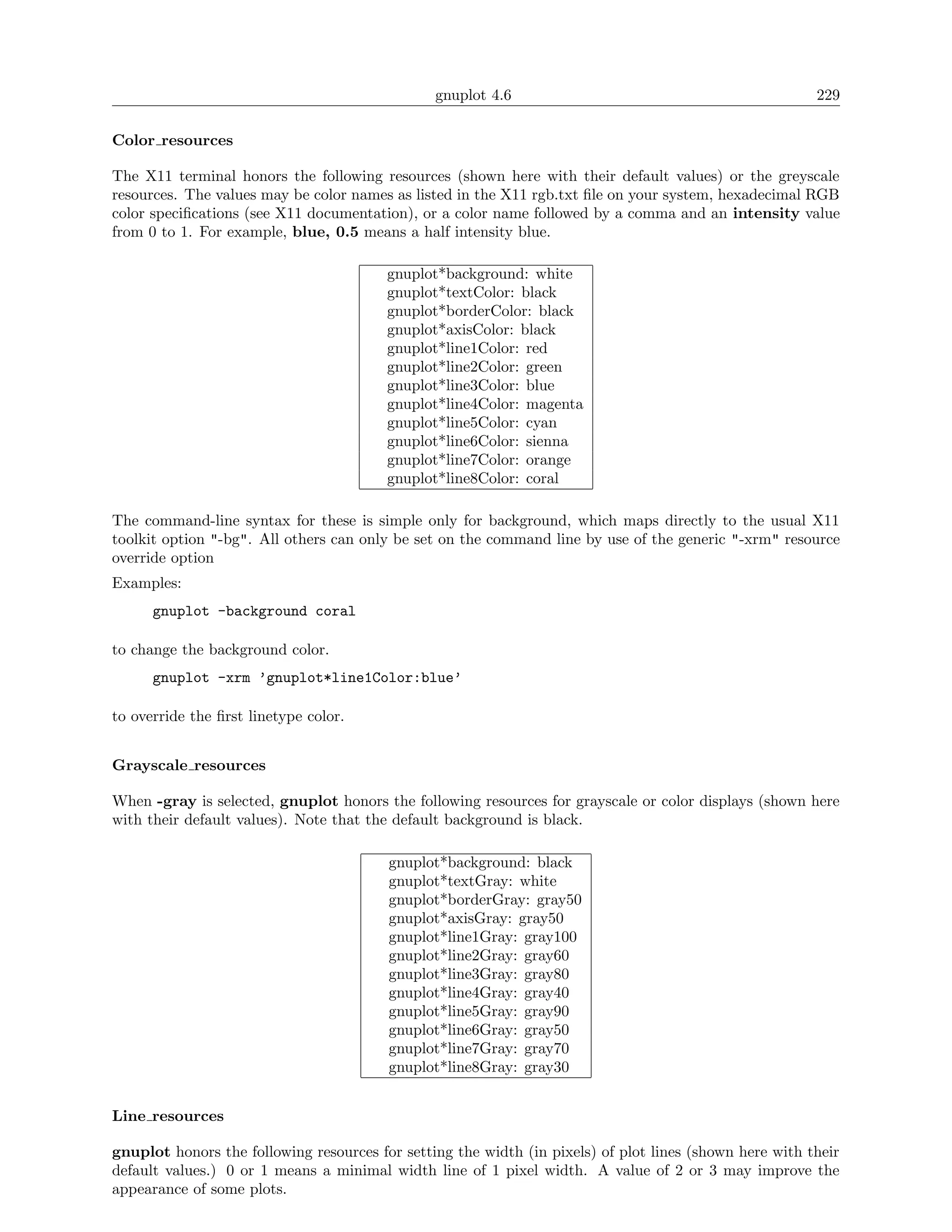 gnuplot 4.6                                              229

Color resources

The X11 terminal honors the following resources (shown here with their default values) or the greyscale
resources. The values may be color names as listed in the X11 rgb.txt ﬁle on your system, hexadecimal RGB
color speciﬁcations (see X11 documentation), or a color name followed by a comma and an intensity value
from 0 to 1. For example, blue, 0.5 means a half intensity blue.

                                         gnuplot*background: white
                                         gnuplot*textColor: black
                                         gnuplot*borderColor: black
                                         gnuplot*axisColor: black
                                         gnuplot*line1Color: red
                                         gnuplot*line2Color: green
                                         gnuplot*line3Color: blue
                                         gnuplot*line4Color: magenta
                                         gnuplot*line5Color: cyan
                                         gnuplot*line6Color: sienna
                                         gnuplot*line7Color: orange
                                         gnuplot*line8Color: coral

The command-line syntax for these is simple only for background, which maps directly to the usual X11
toolkit option "-bg". All others can only be set on the command line by use of the generic "-xrm" resource
override option
Examples:
      gnuplot -background coral

to change the background color.
      gnuplot -xrm ’gnuplot*line1Color:blue’

to override the ﬁrst linetype color.


Grayscale resources

When -gray is selected, gnuplot honors the following resources for grayscale or color displays (shown here
with their default values). Note that the default background is black.

                                         gnuplot*background: black
                                         gnuplot*textGray: white
                                         gnuplot*borderGray: gray50
                                         gnuplot*axisGray: gray50
                                         gnuplot*line1Gray: gray100
                                         gnuplot*line2Gray: gray60
                                         gnuplot*line3Gray: gray80
                                         gnuplot*line4Gray: gray40
                                         gnuplot*line5Gray: gray90
                                         gnuplot*line6Gray: gray50
                                         gnuplot*line7Gray: gray70
                                         gnuplot*line8Gray: gray30


Line resources

gnuplot honors the following resources for setting the width (in pixels) of plot lines (shown here with their
default values.) 0 or 1 means a minimal width line of 1 pixel width. A value of 2 or 3 may improve the
appearance of some plots.
 