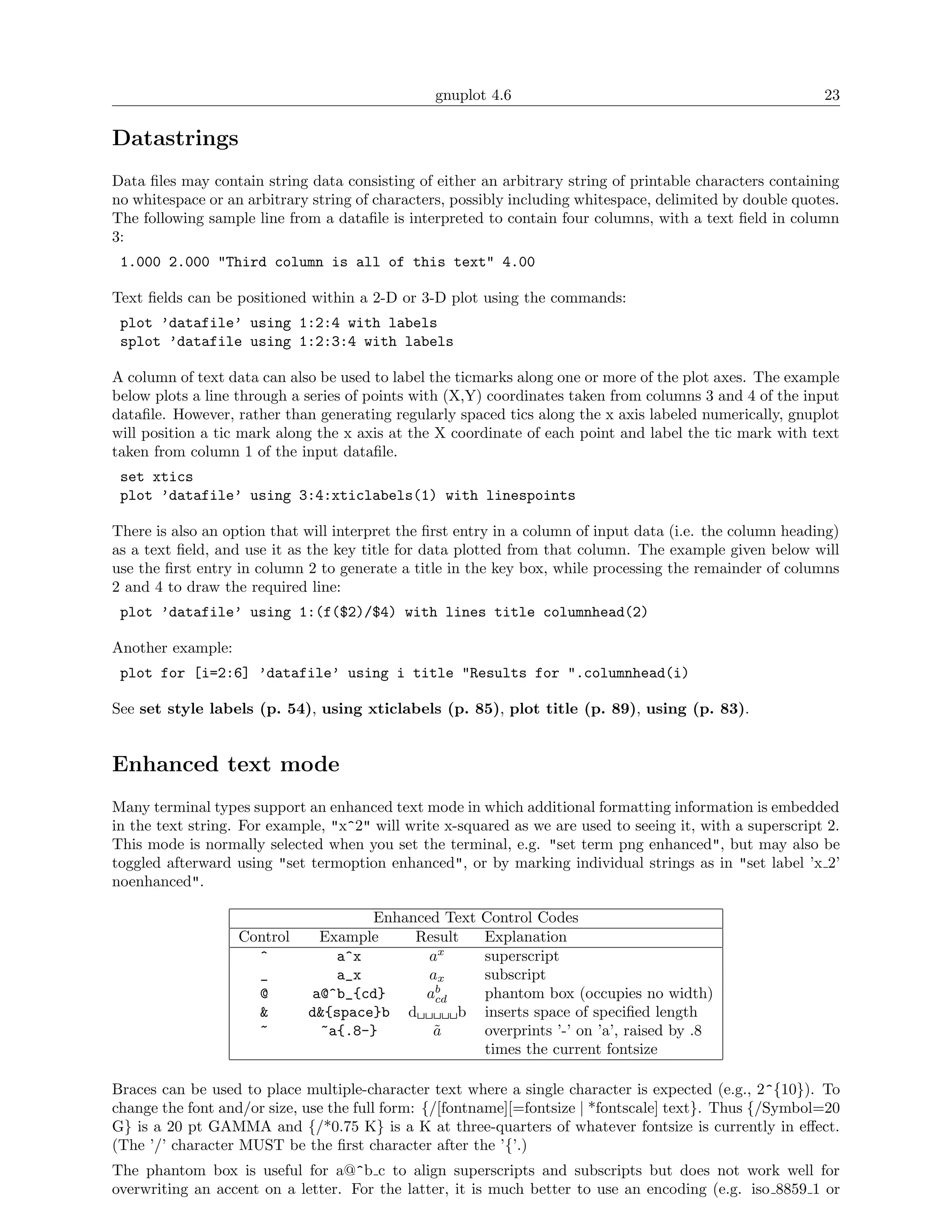 gnuplot 4.6                                                23

Datastrings
Data ﬁles may contain string data consisting of either an arbitrary string of printable characters containing
no whitespace or an arbitrary string of characters, possibly including whitespace, delimited by double quotes.
The following sample line from a dataﬁle is interpreted to contain four columns, with a text ﬁeld in column
3:
 1.000 2.000 "Third column is all of this text" 4.00

Text ﬁelds can be positioned within a 2-D or 3-D plot using the commands:
 plot ’datafile’ using 1:2:4 with labels
 splot ’datafile using 1:2:3:4 with labels

A column of text data can also be used to label the ticmarks along one or more of the plot axes. The example
below plots a line through a series of points with (X,Y) coordinates taken from columns 3 and 4 of the input
dataﬁle. However, rather than generating regularly spaced tics along the x axis labeled numerically, gnuplot
will position a tic mark along the x axis at the X coordinate of each point and label the tic mark with text
taken from column 1 of the input dataﬁle.
 set xtics
 plot ’datafile’ using 3:4:xticlabels(1) with linespoints

There is also an option that will interpret the ﬁrst entry in a column of input data (i.e. the column heading)
as a text ﬁeld, and use it as the key title for data plotted from that column. The example given below will
use the ﬁrst entry in column 2 to generate a title in the key box, while processing the remainder of columns
2 and 4 to draw the required line:
 plot ’datafile’ using 1:(f($2)/$4) with lines title columnhead(2)

Another example:
 plot for [i=2:6] ’datafile’ using i title "Results for ".columnhead(i)

See set style labels (p. 54), using xticlabels (p. 85), plot title (p. 89), using (p. 83).


Enhanced text mode
Many terminal types support an enhanced text mode in which additional formatting information is embedded
in the text string. For example, "x^2" will write x-squared as we are used to seeing it, with a superscript 2.
This mode is normally selected when you set the terminal, e.g. "set term png enhanced", but may also be
toggled afterward using "set termoption enhanced", or by marking individual strings as in "set label ’x 2’
noenhanced".

                                     Enhanced Text     Control Codes
                   Control    Example     Result       Explanation
                     ^          a^x         ax         superscript
                     _          a_x         ax         subscript
                     @       a@^b_{cd}     abcd        phantom box (occupies no width)
                     &       d&{space}b d       b      inserts space of speciﬁed length
                     ~        ~a{.8-}       a˜         overprints ’-’ on ’a’, raised by .8
                                                       times the current fontsize

Braces can be used to place multiple-character text where a single character is expected (e.g., 2^{10}). To
change the font and/or size, use the full form: {/[fontname][=fontsize | *fontscale] text}. Thus {/Symbol=20
G} is a 20 pt GAMMA and {/*0.75 K} is a K at three-quarters of whatever fontsize is currently in eﬀect.
(The ’/’ character MUST be the ﬁrst character after the ’{’.)
The phantom box is useful for a@^b c to align superscripts and subscripts but does not work well for
overwriting an accent on a letter. For the latter, it is much better to use an encoding (e.g. iso 8859 1 or
 