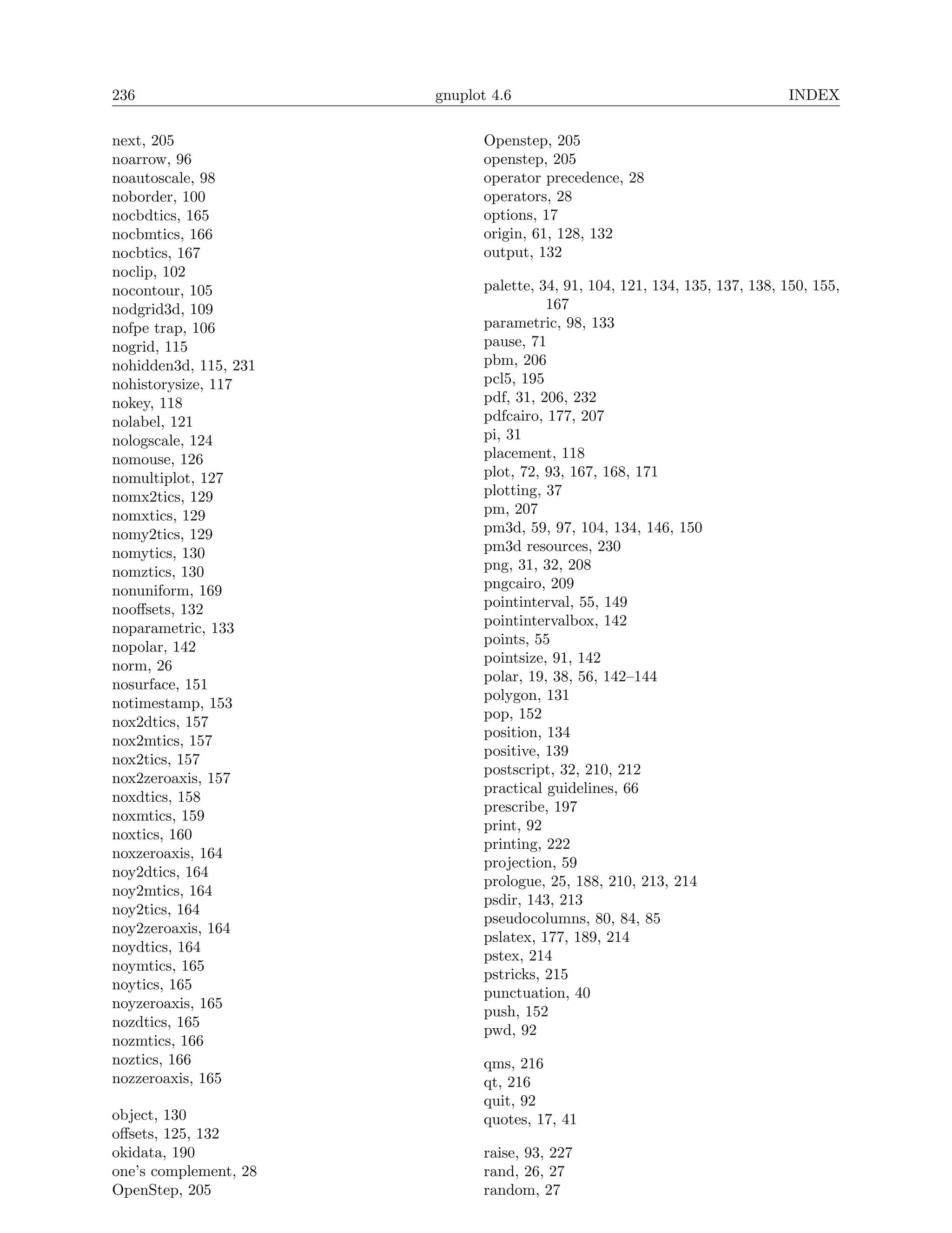 236                    gnuplot 4.6                                          INDEX

next, 205                    Openstep, 205
noarrow, 96                  openstep, 205
noautoscale, 98              operator precedence, 28
noborder, 100                operators, 28
nocbdtics, 165               options, 17
nocbmtics, 166               origin, 61, 128, 132
nocbtics, 167                output, 132
noclip, 102
nocontour, 105               palette, 34, 91, 104, 121, 134, 135, 137, 138, 150, 155,
nodgrid3d, 109                         167
nofpe trap, 106              parametric, 98, 133
nogrid, 115                  pause, 71
nohidden3d, 115, 231         pbm, 206
nohistorysize, 117           pcl5, 195
nokey, 118                   pdf, 31, 206, 232
nolabel, 121                 pdfcairo, 177, 207
nologscale, 124              pi, 31
nomouse, 126                 placement, 118
nomultiplot, 127             plot, 72, 93, 167, 168, 171
nomx2tics, 129               plotting, 37
nomxtics, 129                pm, 207
nomy2tics, 129               pm3d, 59, 97, 104, 134, 146, 150
nomytics, 130                pm3d resources, 230
nomztics, 130                png, 31, 32, 208
nonuniform, 169              pngcairo, 209
nooﬀsets, 132                pointinterval, 55, 149
noparametric, 133            pointintervalbox, 142
nopolar, 142                 points, 55
                             pointsize, 91, 142
norm, 26
                             polar, 19, 38, 56, 142–144
nosurface, 151
                             polygon, 131
notimestamp, 153
                             pop, 152
nox2dtics, 157
                             position, 134
nox2mtics, 157
                             positive, 139
nox2tics, 157
                             postscript, 32, 210, 212
nox2zeroaxis, 157
                             practical guidelines, 66
noxdtics, 158
                             prescribe, 197
noxmtics, 159
                             print, 92
noxtics, 160
                             printing, 222
noxzeroaxis, 164
                             projection, 59
noy2dtics, 164
                             prologue, 25, 188, 210, 213, 214
noy2mtics, 164
                             psdir, 143, 213
noy2tics, 164
                             pseudocolumns, 80, 84, 85
noy2zeroaxis, 164
                             pslatex, 177, 189, 214
noydtics, 164
                             pstex, 214
noymtics, 165
                             pstricks, 215
noytics, 165
                             punctuation, 40
noyzeroaxis, 165
                             push, 152
nozdtics, 165
                             pwd, 92
nozmtics, 166
noztics, 166                 qms, 216
nozzeroaxis, 165             qt, 216
                             quit, 92
object, 130                  quotes, 17, 41
oﬀsets, 125, 132
okidata, 190                 raise, 93, 227
one’s complement, 28         rand, 26, 27
OpenStep, 205                random, 27
 