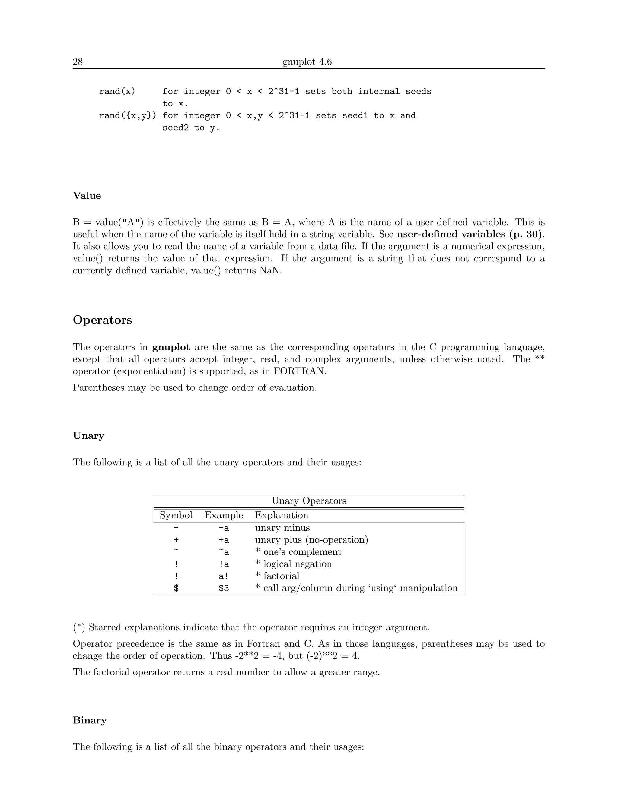 28                                               gnuplot 4.6

      rand(x)     for integer 0 < x < 2^31-1 sets both internal seeds
                  to x.
      rand({x,y}) for integer 0 < x,y < 2^31-1 sets seed1 to x and
                  seed2 to y.




Value

B = value("A") is eﬀectively the same as B = A, where A is the name of a user-deﬁned variable. This is
useful when the name of the variable is itself held in a string variable. See user-deﬁned variables (p. 30).
It also allows you to read the name of a variable from a data ﬁle. If the argument is a numerical expression,
value() returns the value of that expression. If the argument is a string that does not correspond to a
currently deﬁned variable, value() returns NaN.



Operators

The operators in gnuplot are the same as the corresponding operators in the C programming language,
except that all operators accept integer, real, and complex arguments, unless otherwise noted. The **
operator (exponentiation) is supported, as in FORTRAN.
Parentheses may be used to change order of evaluation.



Unary

The following is a list of all the unary operators and their usages:


                                               Unary Operators
                    Symbol     Example     Explanation
                      -          -a        unary minus
                      +          +a        unary plus (no-operation)
                      ~          ~a        * one’s complement
                      !          !a        * logical negation
                      !          a!        * factorial
                      $          $3        * call arg/column during ‘using‘ manipulation


(*) Starred explanations indicate that the operator requires an integer argument.
Operator precedence is the same as in Fortran and C. As in those languages, parentheses may be used to
change the order of operation. Thus -2**2 = -4, but (-2)**2 = 4.
The factorial operator returns a real number to allow a greater range.



Binary

The following is a list of all the binary operators and their usages:
 