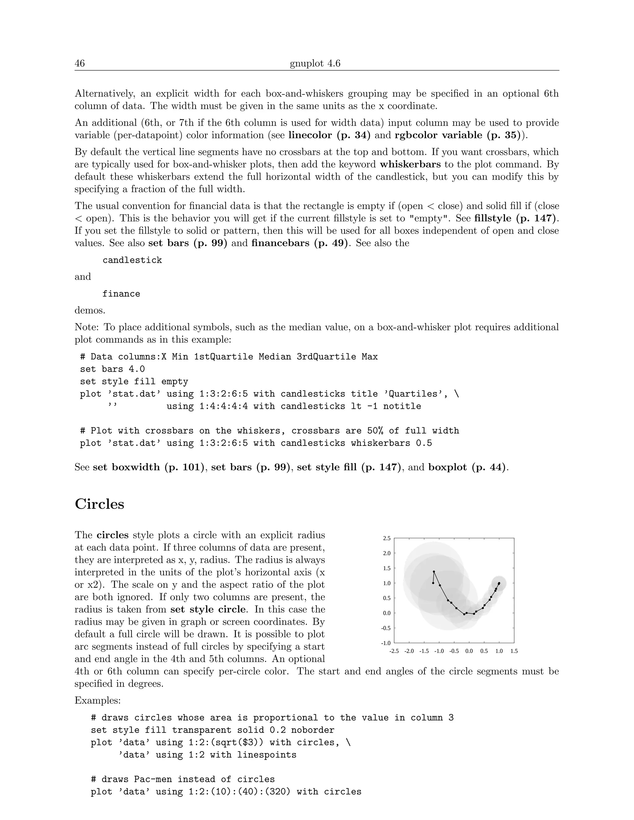 46                                               gnuplot 4.6

Alternatively, an explicit width for each box-and-whiskers grouping may be speciﬁed in an optional 6th
column of data. The width must be given in the same units as the x coordinate.
An additional (6th, or 7th if the 6th column is used for width data) input column may be used to provide
variable (per-datapoint) color information (see linecolor (p. 34) and rgbcolor variable (p. 35)).
By default the vertical line segments have no crossbars at the top and bottom. If you want crossbars, which
are typically used for box-and-whisker plots, then add the keyword whiskerbars to the plot command. By
default these whiskerbars extend the full horizontal width of the candlestick, but you can modify this by
specifying a fraction of the full width.
The usual convention for ﬁnancial data is that the rectangle is empty if (open < close) and solid ﬁll if (close
< open). This is the behavior you will get if the current ﬁllstyle is set to "empty". See ﬁllstyle (p. 147).
If you set the ﬁllstyle to solid or pattern, then this will be used for all boxes independent of open and close
values. See also set bars (p. 99) and ﬁnancebars (p. 49). See also the
       candlestick
and
       finance
demos.
Note: To place additional symbols, such as the median value, on a box-and-whisker plot requires additional
plot commands as in this example:
 # Data columns:X Min 1stQuartile Median 3rdQuartile Max
 set bars 4.0
 set style fill empty
 plot ’stat.dat’ using 1:3:2:6:5 with candlesticks title ’Quartiles’, 
      ’’         using 1:4:4:4:4 with candlesticks lt -1 notitle

 # Plot with crossbars on the whiskers, crossbars are 50% of full width
 plot ’stat.dat’ using 1:3:2:6:5 with candlesticks whiskerbars 0.5

See set boxwidth (p. 101), set bars (p. 99), set style ﬁll (p. 147), and boxplot (p. 44).


Circles
The circles style plots a circle with an explicit radius          2.5
at each data point. If three columns of data are present,         2.0
they are interpreted as x, y, radius. The radius is always
                                                                  1.5
interpreted in the units of the plot’s horizontal axis (x
or x2). The scale on y and the aspect ratio of the plot           1.0

are both ignored. If only two columns are present, the            0.5

radius is taken from set style circle. In this case the           0.0
radius may be given in graph or screen coordinates. By
                                                                 -0.5
default a full circle will be drawn. It is possible to plot
                                                                 -1.0
arc segments instead of full circles by specifying a start           -2.5 -2.0 -1.5 -1.0 -0.5 0.0 0.5 1.0 1.5
and end angle in the 4th and 5th columns. An optional
4th or 6th column can specify per-circle color. The start and end angles of the circle segments must be
speciﬁed in degrees.
Examples:
     # draws circles whose area is proportional to the value in column 3
     set style fill transparent solid 0.2 noborder
     plot ’data’ using 1:2:(sqrt($3)) with circles, 
          ’data’ using 1:2 with linespoints

     # draws Pac-men instead of circles
     plot ’data’ using 1:2:(10):(40):(320) with circles
 