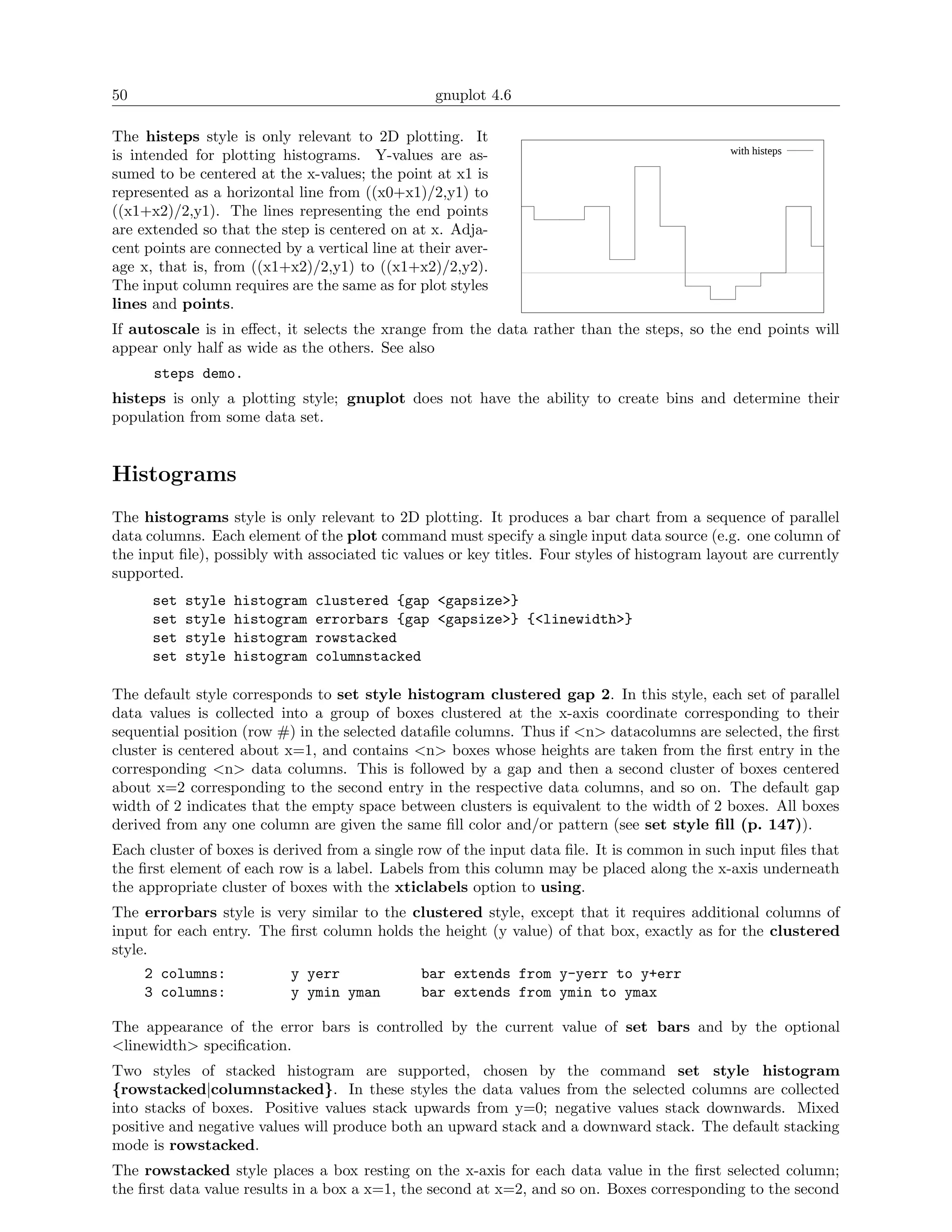 50                                                gnuplot 4.6

The histeps style is only relevant to 2D plotting. It
                                                                                               with histeps
is intended for plotting histograms. Y-values are as-
sumed to be centered at the x-values; the point at x1 is
represented as a horizontal line from ((x0+x1)/2,y1) to
((x1+x2)/2,y1). The lines representing the end points
are extended so that the step is centered on at x. Adja-
cent points are connected by a vertical line at their aver-
age x, that is, from ((x1+x2)/2,y1) to ((x1+x2)/2,y2).
The input column requires are the same as for plot styles
lines and points.
If autoscale is in eﬀect, it selects the xrange from the data rather than the steps, so the end points will
appear only half as wide as the others. See also
      steps demo.
histeps is only a plotting style; gnuplot does not have the ability to create bins and determine their
population from some data set.


Histograms
The histograms style is only relevant to 2D plotting. It produces a bar chart from a sequence of parallel
data columns. Each element of the plot command must specify a single input data source (e.g. one column of
the input ﬁle), possibly with associated tic values or key titles. Four styles of histogram layout are currently
supported.
      set   style   histogram   clustered {gap <gapsize>}
      set   style   histogram   errorbars {gap <gapsize>} {<linewidth>}
      set   style   histogram   rowstacked
      set   style   histogram   columnstacked

The default style corresponds to set style histogram clustered gap 2. In this style, each set of parallel
data values is collected into a group of boxes clustered at the x-axis coordinate corresponding to their
sequential position (row #) in the selected dataﬁle columns. Thus if <n> datacolumns are selected, the ﬁrst
cluster is centered about x=1, and contains <n> boxes whose heights are taken from the ﬁrst entry in the
corresponding <n> data columns. This is followed by a gap and then a second cluster of boxes centered
about x=2 corresponding to the second entry in the respective data columns, and so on. The default gap
width of 2 indicates that the empty space between clusters is equivalent to the width of 2 boxes. All boxes
derived from any one column are given the same ﬁll color and/or pattern (see set style ﬁll (p. 147)).
Each cluster of boxes is derived from a single row of the input data ﬁle. It is common in such input ﬁles that
the ﬁrst element of each row is a label. Labels from this column may be placed along the x-axis underneath
the appropriate cluster of boxes with the xticlabels option to using.
The errorbars style is very similar to the clustered style, except that it requires additional columns of
input for each entry. The ﬁrst column holds the height (y value) of that box, exactly as for the clustered
style.
     2 columns:             y yerr              bar extends from y-yerr to y+err
     3 columns:             y ymin yman         bar extends from ymin to ymax

The appearance of the error bars is controlled by the current value of set bars and by the optional
<linewidth> speciﬁcation.
Two styles of stacked histogram are supported, chosen by the command set style histogram
{rowstacked|columnstacked}. In these styles the data values from the selected columns are collected
into stacks of boxes. Positive values stack upwards from y=0; negative values stack downwards. Mixed
positive and negative values will produce both an upward stack and a downward stack. The default stacking
mode is rowstacked.
The rowstacked style places a box resting on the x-axis for each data value in the ﬁrst selected column;
the ﬁrst data value results in a box a x=1, the second at x=2, and so on. Boxes corresponding to the second
 