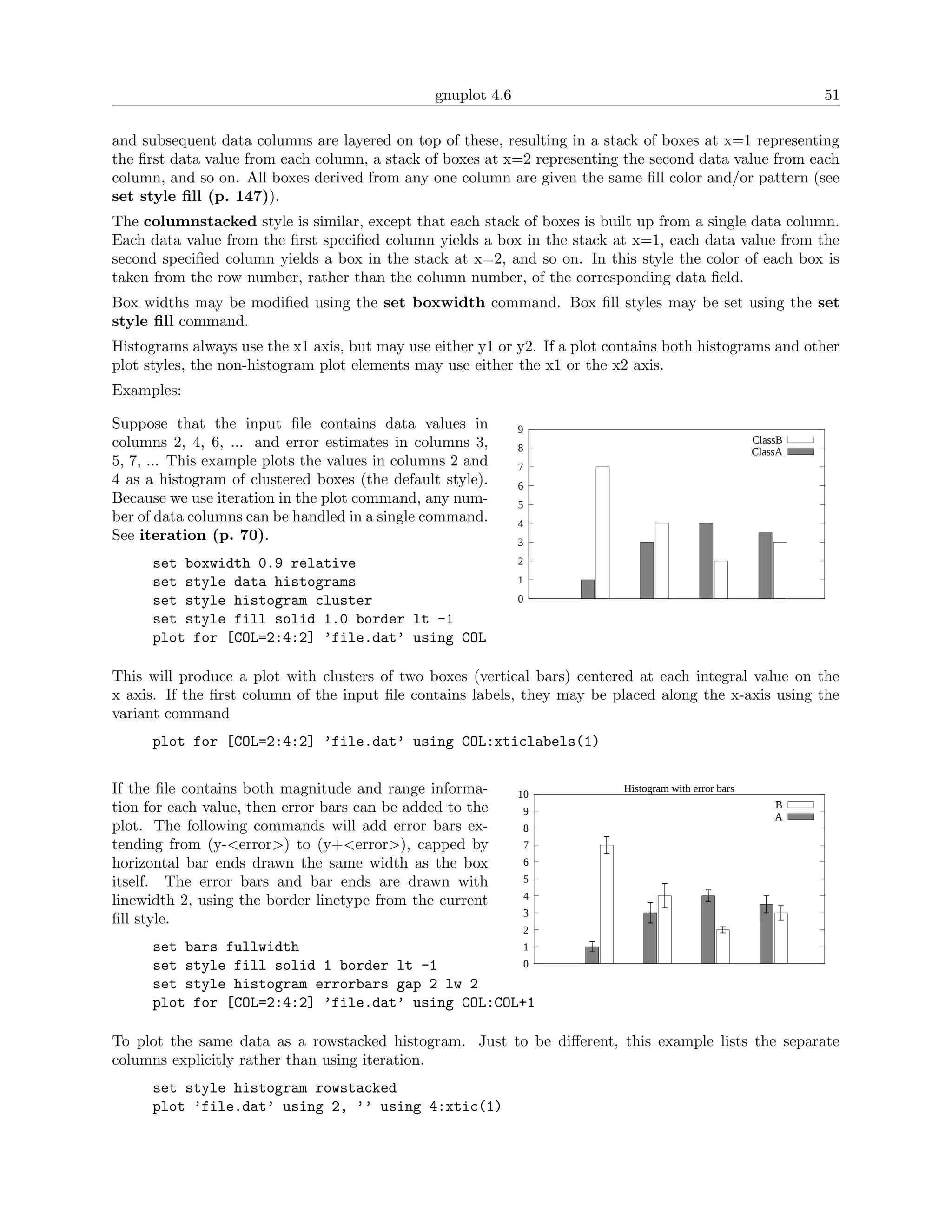 gnuplot 4.6                                                     51

and subsequent data columns are layered on top of these, resulting in a stack of boxes at x=1 representing
the ﬁrst data value from each column, a stack of boxes at x=2 representing the second data value from each
column, and so on. All boxes derived from any one column are given the same ﬁll color and/or pattern (see
set style ﬁll (p. 147)).
The columnstacked style is similar, except that each stack of boxes is built up from a single data column.
Each data value from the ﬁrst speciﬁed column yields a box in the stack at x=1, each data value from the
second speciﬁed column yields a box in the stack at x=2, and so on. In this style the color of each box is
taken from the row number, rather than the column number, of the corresponding data ﬁeld.
Box widths may be modiﬁed using the set boxwidth command. Box ﬁll styles may be set using the set
style ﬁll command.
Histograms always use the x1 axis, but may use either y1 or y2. If a plot contains both histograms and other
plot styles, the non-histogram plot elements may use either the x1 or the x2 axis.
Examples:

Suppose that the input ﬁle contains data values in            9
columns 2, 4, 6, ... and error estimates in columns 3,                                                 ClassB
                                                              8                                        ClassA
5, 7, ... This example plots the values in columns 2 and      7
4 as a histogram of clustered boxes (the default style).      6
Because we use iteration in the plot command, any num-        5
ber of data columns can be handled in a single command.       4
See iteration (p. 70).                                        3

      set boxwidth 0.9 relative                               2

      set style data histograms                               1
      set style histogram cluster                             0
      set style fill solid 1.0 border lt -1
      plot for [COL=2:4:2] ’file.dat’ using COL

This will produce a plot with clusters of two boxes (vertical bars) centered at each integral value on the
x axis. If the ﬁrst column of the input ﬁle contains labels, they may be placed along the x-axis using the
variant command
      plot for [COL=2:4:2] ’file.dat’ using COL:xticlabels(1)


If the ﬁle contains both magnitude and range informa-                      Histogram with error bars
                                                              10
tion for each value, then error bars can be added to the                                                   B
                                                               9
                                                                                                           A
plot. The following commands will add error bars ex-           8
tending from (y-<error>) to (y+<error>), capped by             7
horizontal bar ends drawn the same width as the box            6
itself. The error bars and bar ends are drawn with             5
                                                               4
linewidth 2, using the border linetype from the current
                                                               3
ﬁll style.
                                                               2
      set bars fullwidth                            1
      set style fill solid 1 border lt -1           0
      set style histogram errorbars gap 2 lw 2
      plot for [COL=2:4:2] ’file.dat’ using COL:COL+1

To plot the same data as a rowstacked histogram. Just to be diﬀerent, this example lists the separate
columns explicitly rather than using iteration.
      set style histogram rowstacked
      plot ’file.dat’ using 2, ’’ using 4:xtic(1)
 