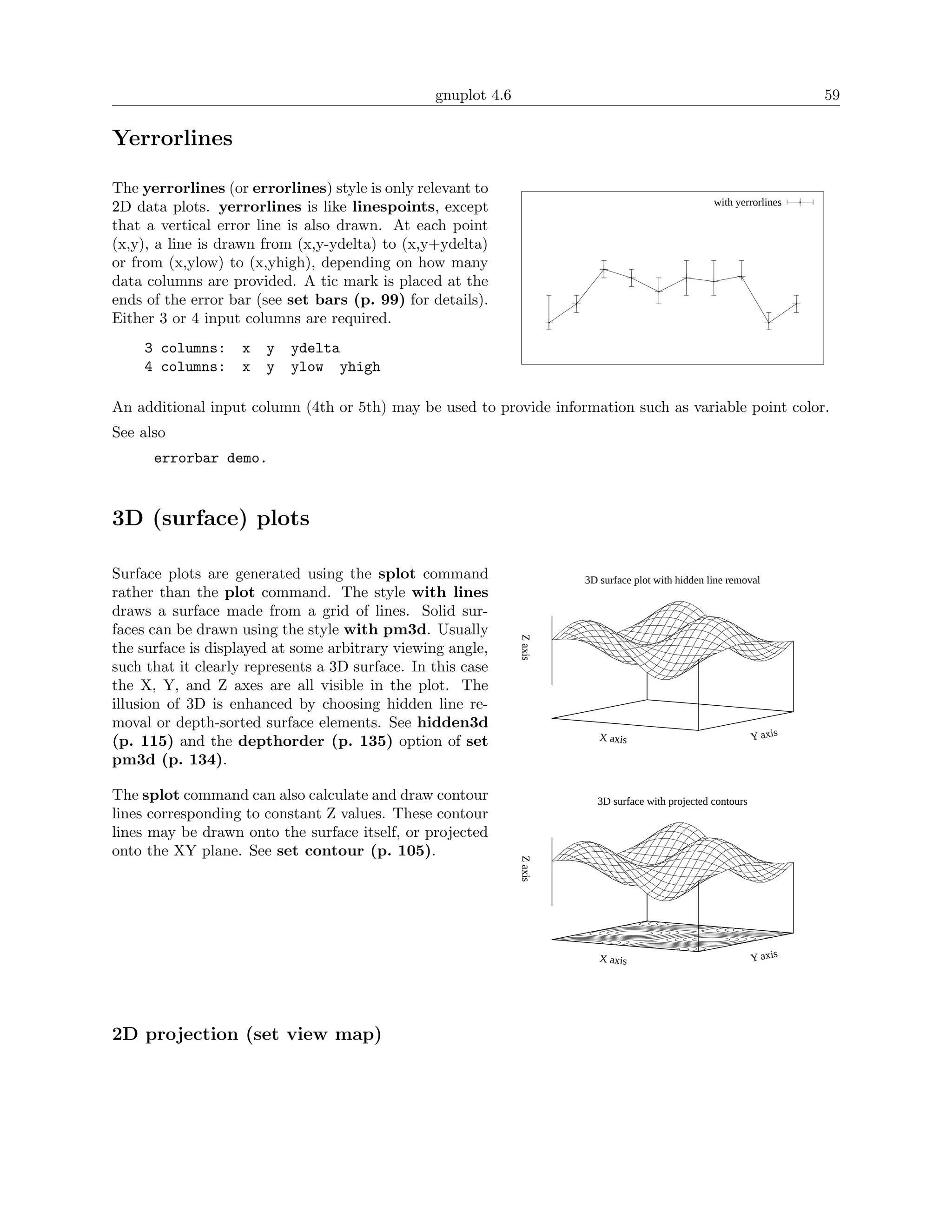 gnuplot 4.6                                                            59

Yerrorlines

The yerrorlines (or errorlines) style is only relevant to
                                                                                                     with yerrorlines
2D data plots. yerrorlines is like linespoints, except
that a vertical error line is also drawn. At each point
(x,y), a line is drawn from (x,y-ydelta) to (x,y+ydelta)
or from (x,ylow) to (x,yhigh), depending on how many
data columns are provided. A tic mark is placed at the
ends of the error bar (see set bars (p. 99) for details).
Either 3 or 4 input columns are required.
     3 columns:     x   y   ydelta
     4 columns:     x   y   ylow yhigh

An additional input column (4th or 5th) may be used to provide information such as variable point color.
See also
      errorbar demo.



3D (surface) plots

Surface plots are generated using the splot command                     3D surface plot with hidden line removal
rather than the plot command. The style with lines
draws a surface made from a grid of lines. Solid sur-
faces can be drawn using the style with pm3d. Usually
                                                               Z axis




the surface is displayed at some arbitrary viewing angle,
such that it clearly represents a 3D surface. In this case
the X, Y, and Z axes are all visible in the plot. The
illusion of 3D is enhanced by choosing hidden line re-
moval or depth-sorted surface elements. See hidden3d
                                                                           X axis                              Y axis
(p. 115) and the depthorder (p. 135) option of set
pm3d (p. 134).

The splot command can also calculate and draw contour                     3D surface with projected contours
lines corresponding to constant Z values. These contour
lines may be drawn onto the surface itself, or projected
onto the XY plane. See set contour (p. 105).
                                                               Z axis




                                                                           X axis                              Y axis




2D projection (set view map)
 